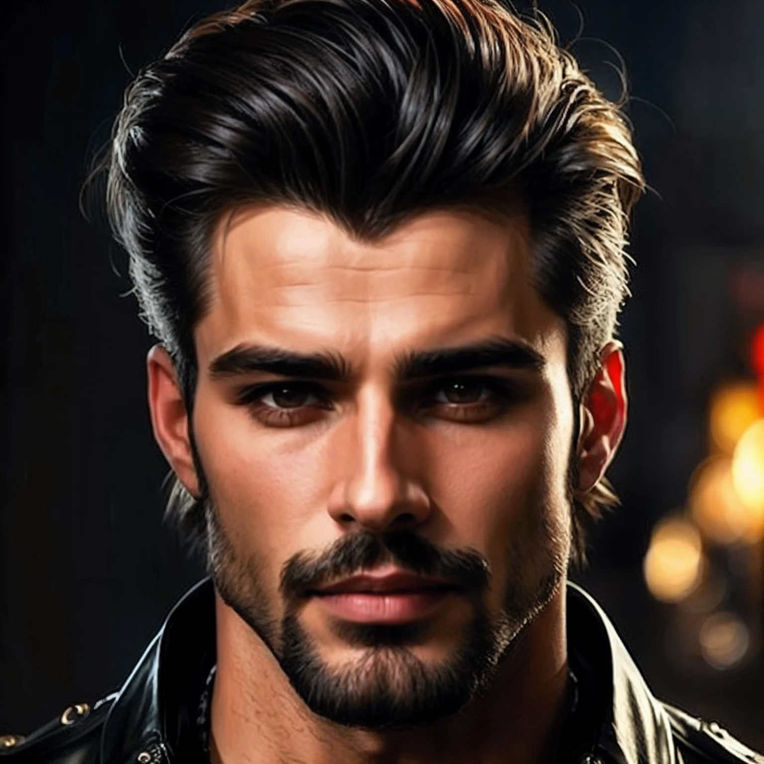 Man in leather jacket and beard looks at the camera, bonito impressionante realista, handsome prince of persia, Pompadour, Macho bonito, homem bonito, bonito rosto detalhado, retrato masculino da fantasia, cara bonita, vampiro masculino bonito, cabelos lisos, rosto masculino bonito, estilo de arte fotorrealista, jovem bonito, homem bonito anime