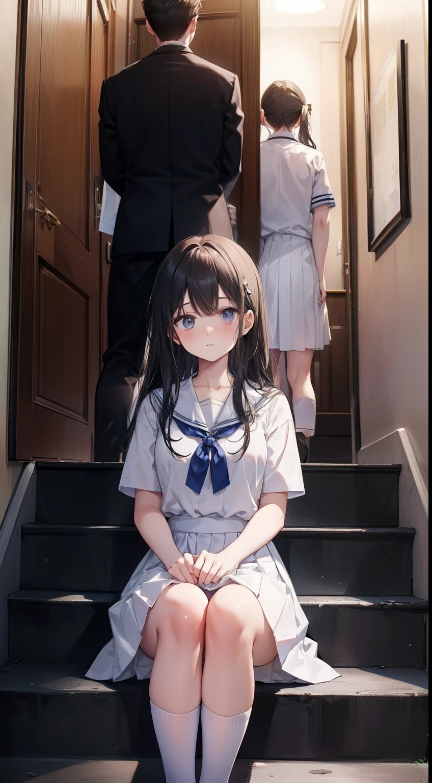 {{Male and female couples}}、Stairs in the house、sitting on stairs、Girl in white blouse and tight skirt、Man's cold gaze、School Uniform for Boys