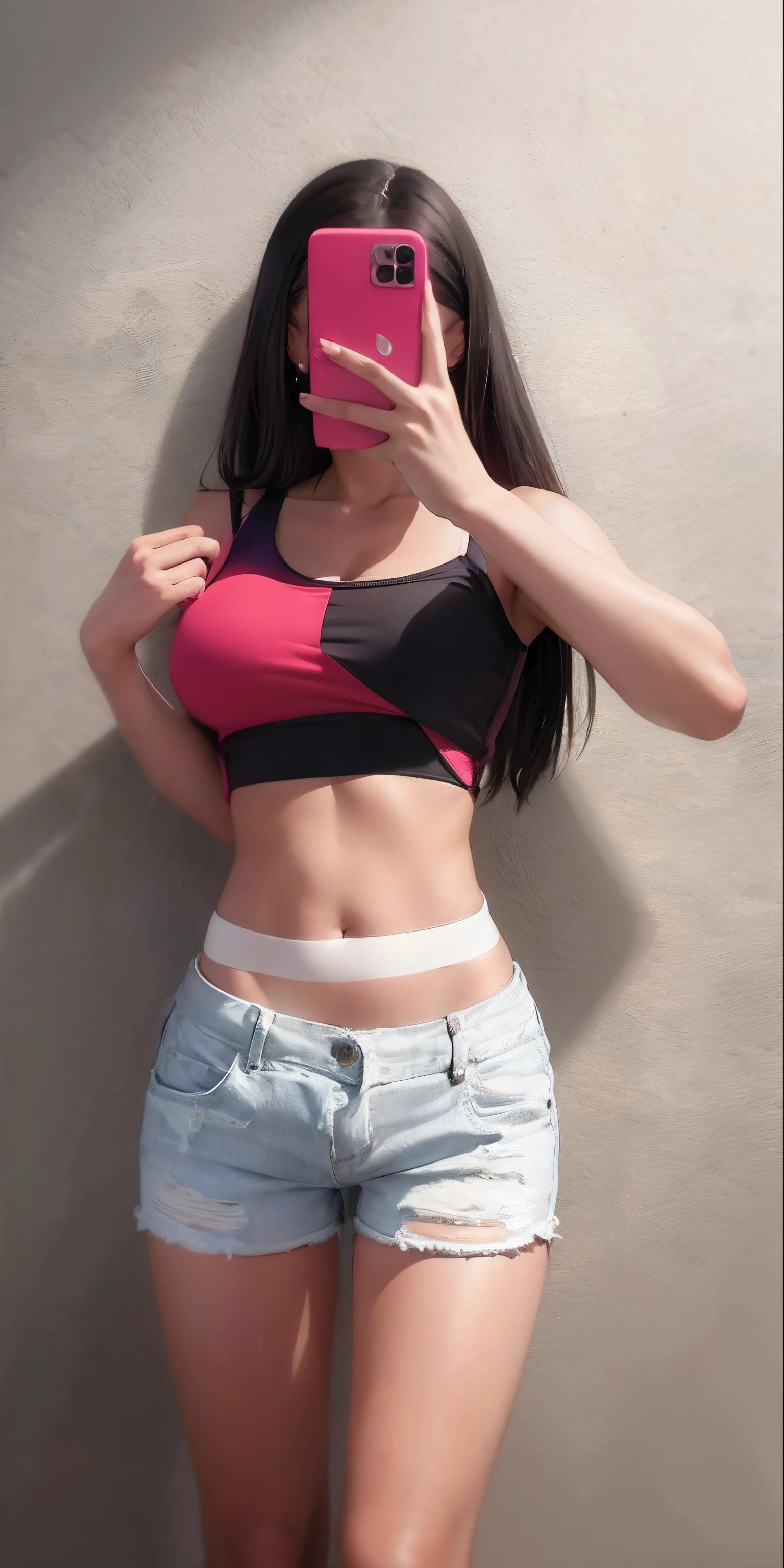 a close up of a woman taking a selfie with a cell phone, wearing sexy cropped top, Physical : tinyest midriff ever, wearing a vest, with ripped crop t - shirt, wearing a low cut tanktop, wearing tight simple clothes, 2 4  old female model, wearing a cute top, wearing a vest, wearing a crop top