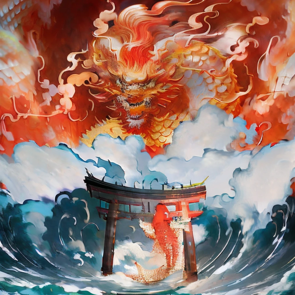 There is a photo of a dragon and a fish in the water, Chinese fantasy, sea serpent, colossal dragon as background, cyan chinese dragon fantasy, chinese dragons fighting, colossal dragon in background, majestic japanese dragon，The fish，Koi，carp, a dragon made of clouds, oil painting of dragon, Chinese mythology, Chinese Dragon，Koi，Torii，swell sea，Clouds，Jump red carp