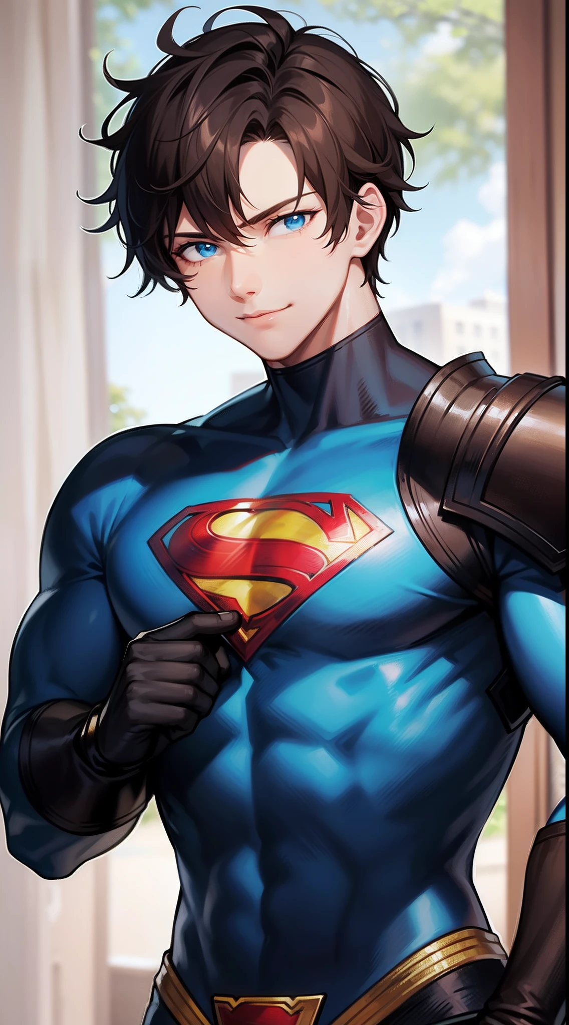 Young guy, short brown hair, Cyan eyes, brawn, Black Superman Costume, ssmile, Masterpiece, hiquality