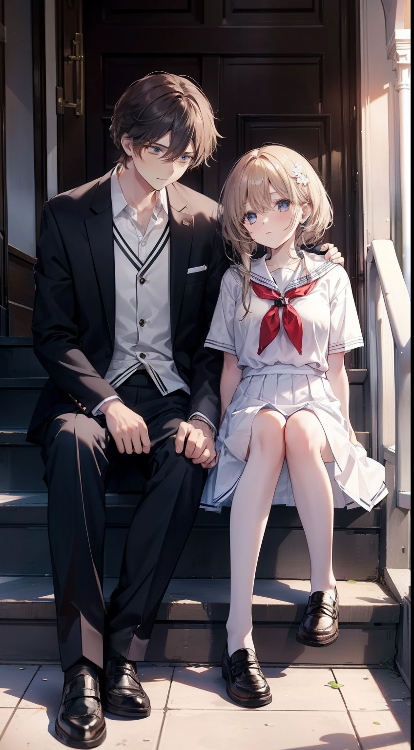 {{Male and female couples}}、Stairs in the house、sitting on stairs、Girl in white blouse and tight skirt、Man's cold gaze、School Uniform for Boys