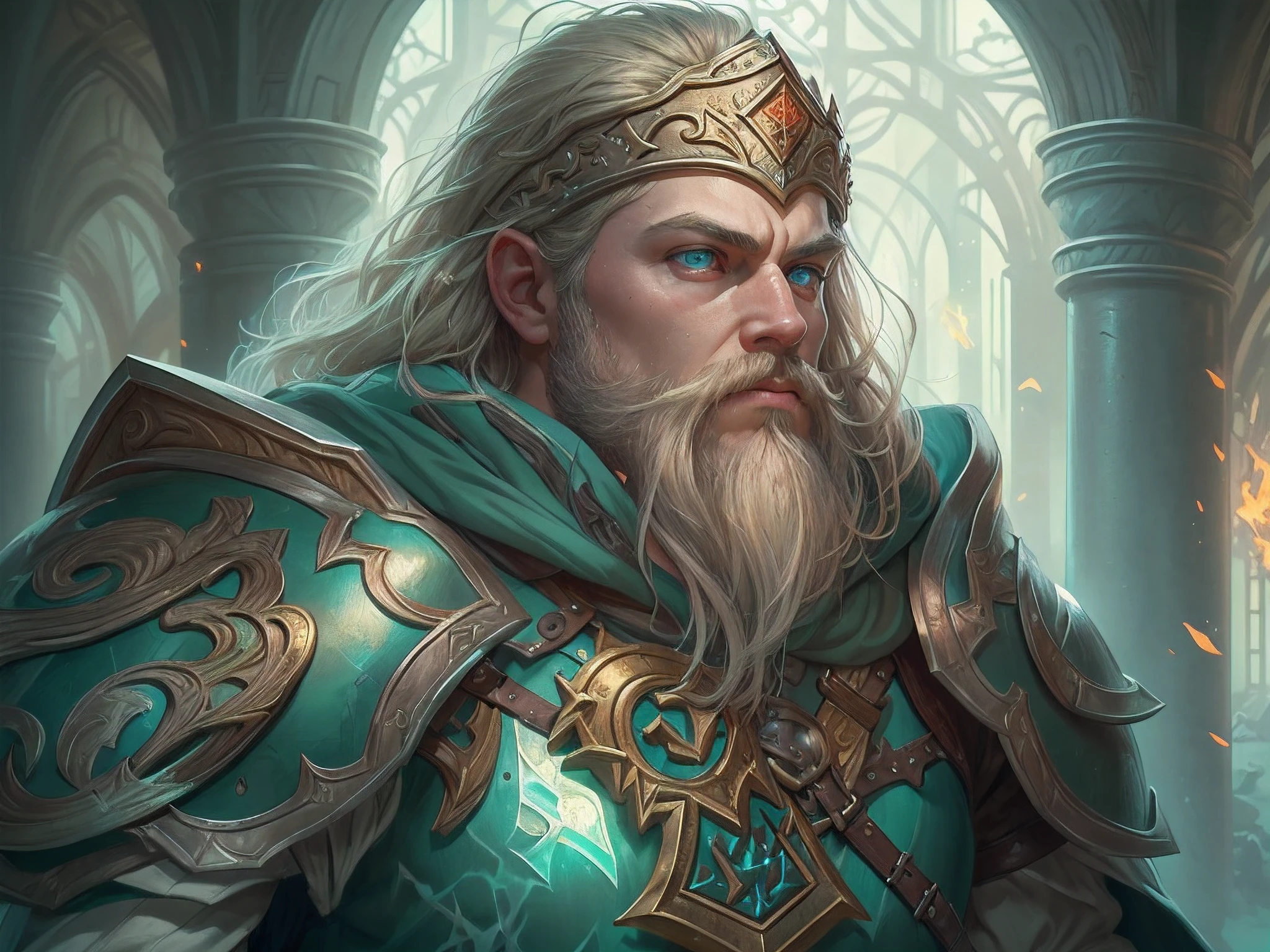 a picture of dwarf paladin of the crown protecting the palace, 1male dwarf, holy knight, protector of the crown, full body (best details, Masterpiece, best quality :1.5), blond hair, long hair, blond beard, full body (best details, Masterpiece, best quality :1.5), ultra detailed face (best details, Masterpiece, best quality :1.5), muscular, blond hair, long hair, braided hair, blue eyes, intense eyes, wearying heavy armor, white armor (best details, Masterpiece, best quality :1.5), purple cloak, flowing cloak, armed with an axe fantasyaxe axe, glowing axe, glowing runes on axe, GlowingRunes_purple,  fantasy palace background, D&D art, RPG art, magical atmosphere magic-fantasy-forest, ultra best realistic, best details, best quality, 16k, [ultra detailed], masterpiece, best quality, (extremely detailed), ultra wide shot, photorealism, depth of field, hyper realistic painting,