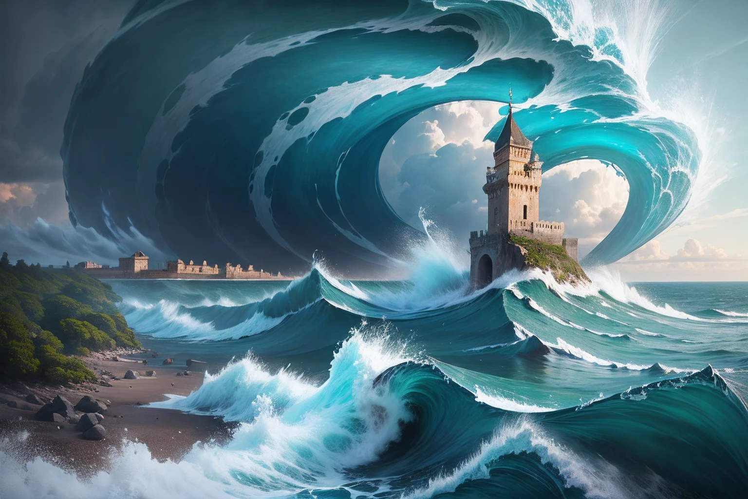 RAW photo, best, masterpiece, best quality, high quality, extremely detailed,"a pumice island in the bay of Baiae", covered with blue moss and flowers, ancient palaces and towers, raging sea with big waves, inspired by Ode to the West Wind, tsunami
BY PERCY BYSHELLEY