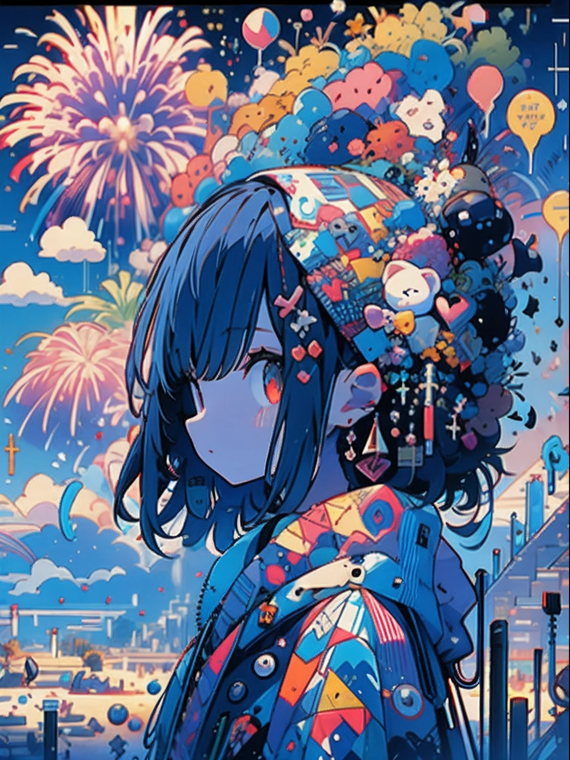 "(Theme: fireworks)(1 girl admiring the fireworks)(lakeside view)(night time)"