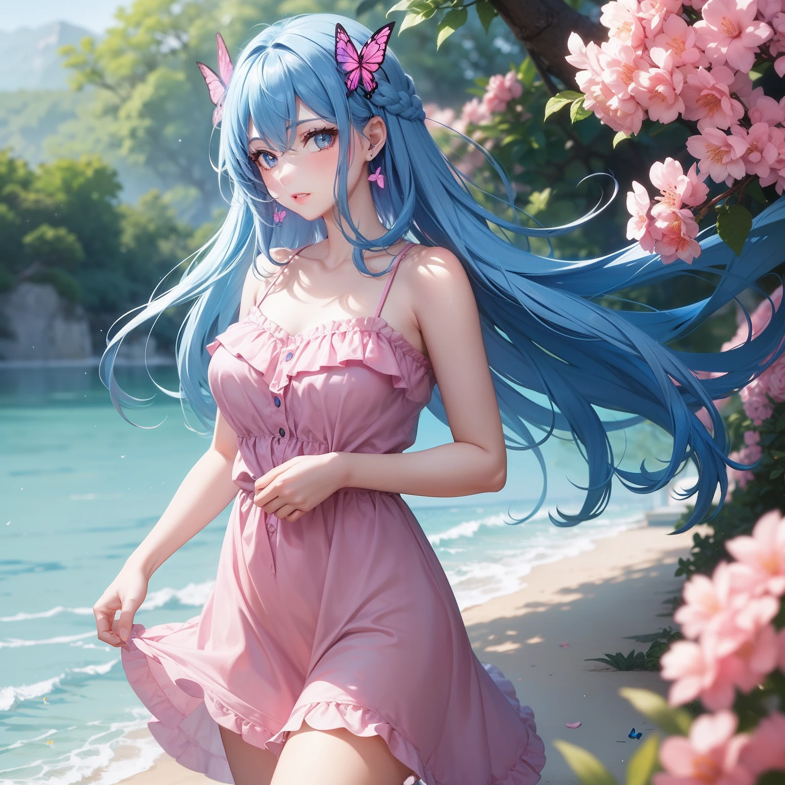 a women, blue butterfly, blue hair, pink eyes, pink dress