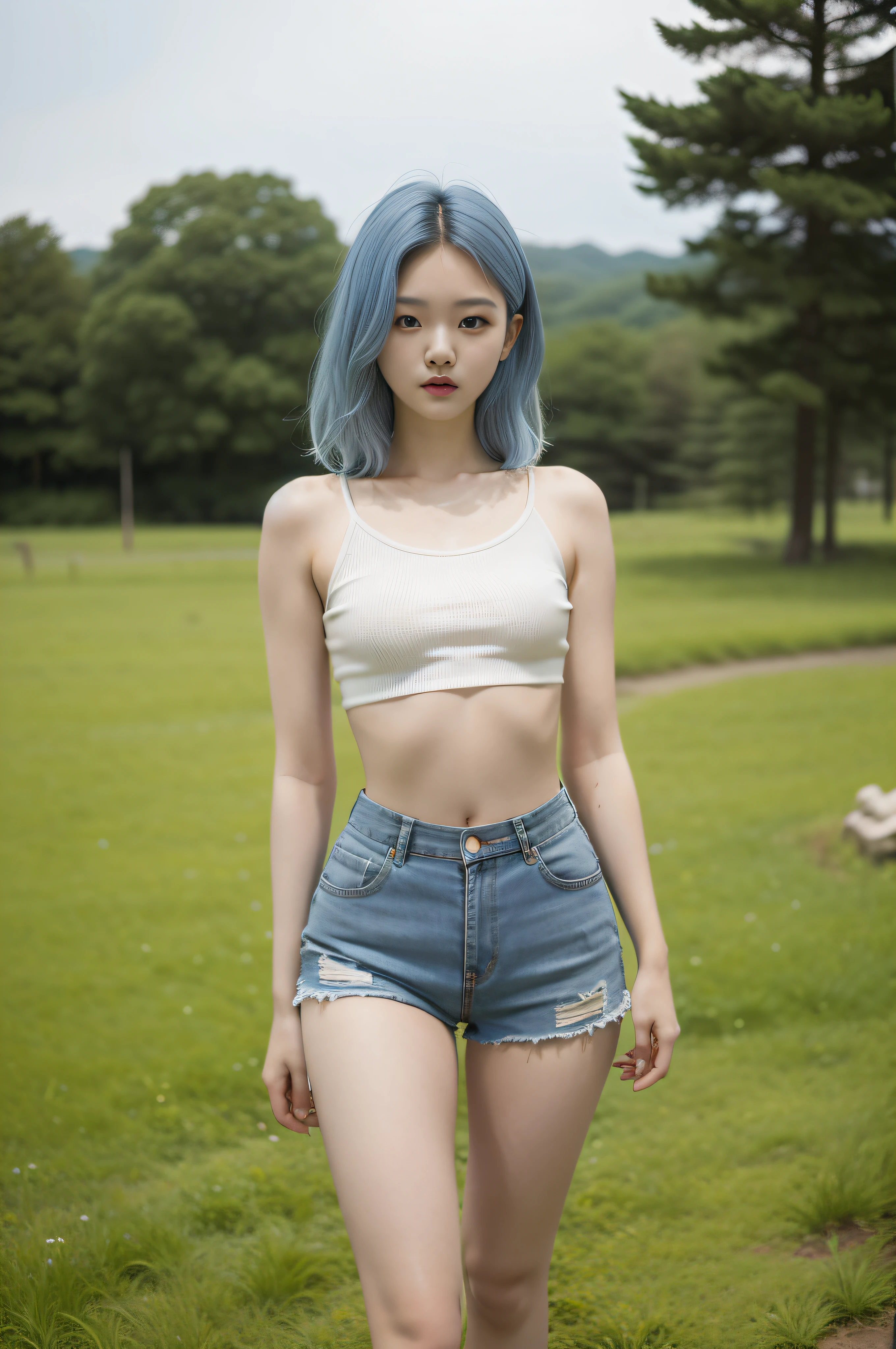full body, A korean young girl in a fantasy world, 15yo, 15 years old korean young girl is in a field, fantasy field, small breast, petite figure, long light blue hair, tight crop top, low waist tight white shorts, small tits, ((thin-waist)), a small face
