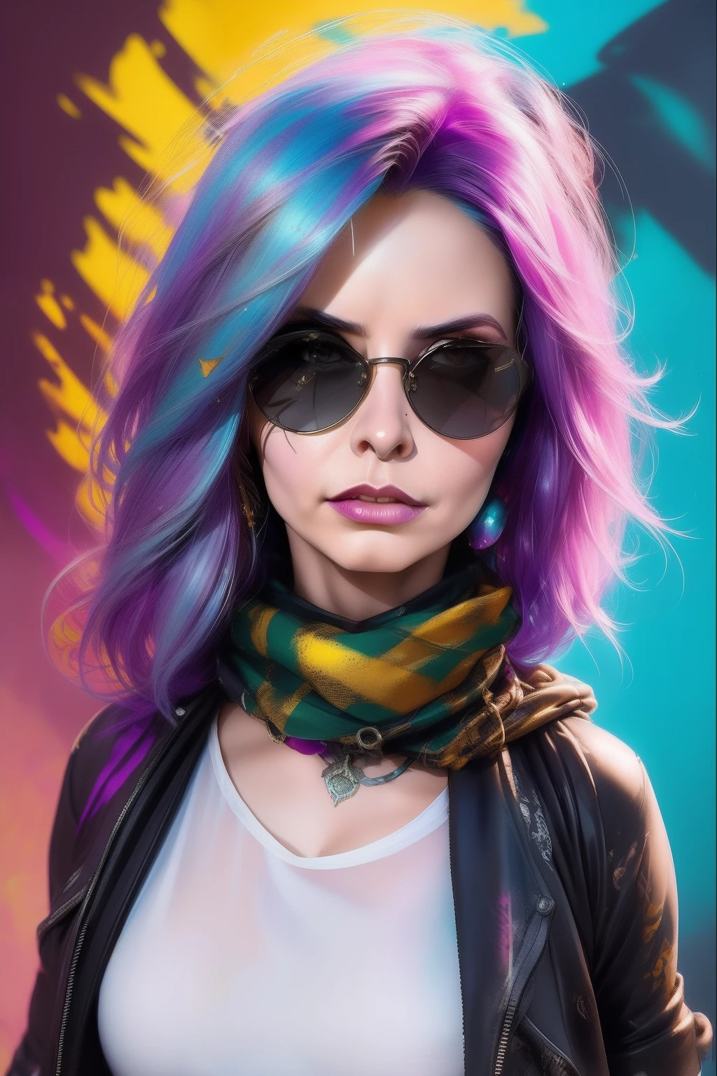 highly detailed portrait of a sewer emo punk lady student, see through tshirt, sunglasses, blue eyes, tartan scarf, white hair by atey ghailan, by greg rutkowski, by greg tocchini, by james gilleard, by joe fenton, by kaethe butcher, gradient yellow, black, brown and magenta color scheme, grunge aesthetic!!! graffiti tag wall background