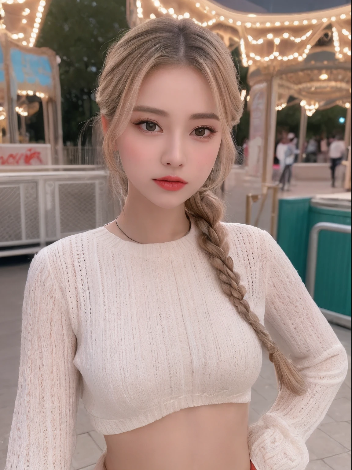 ((Best Quality, 8K, Masterpiece: 1.3)), Best Quality, 8K, Masterpiece: 1.3, 1girl, muse, Slim Abs Beauty: 1.3, big breasts, braided hair, Super Fine Face, Fine Eyes, Double Eyelids, Tight Top, Bend, Jumpdressing, Amusement Park