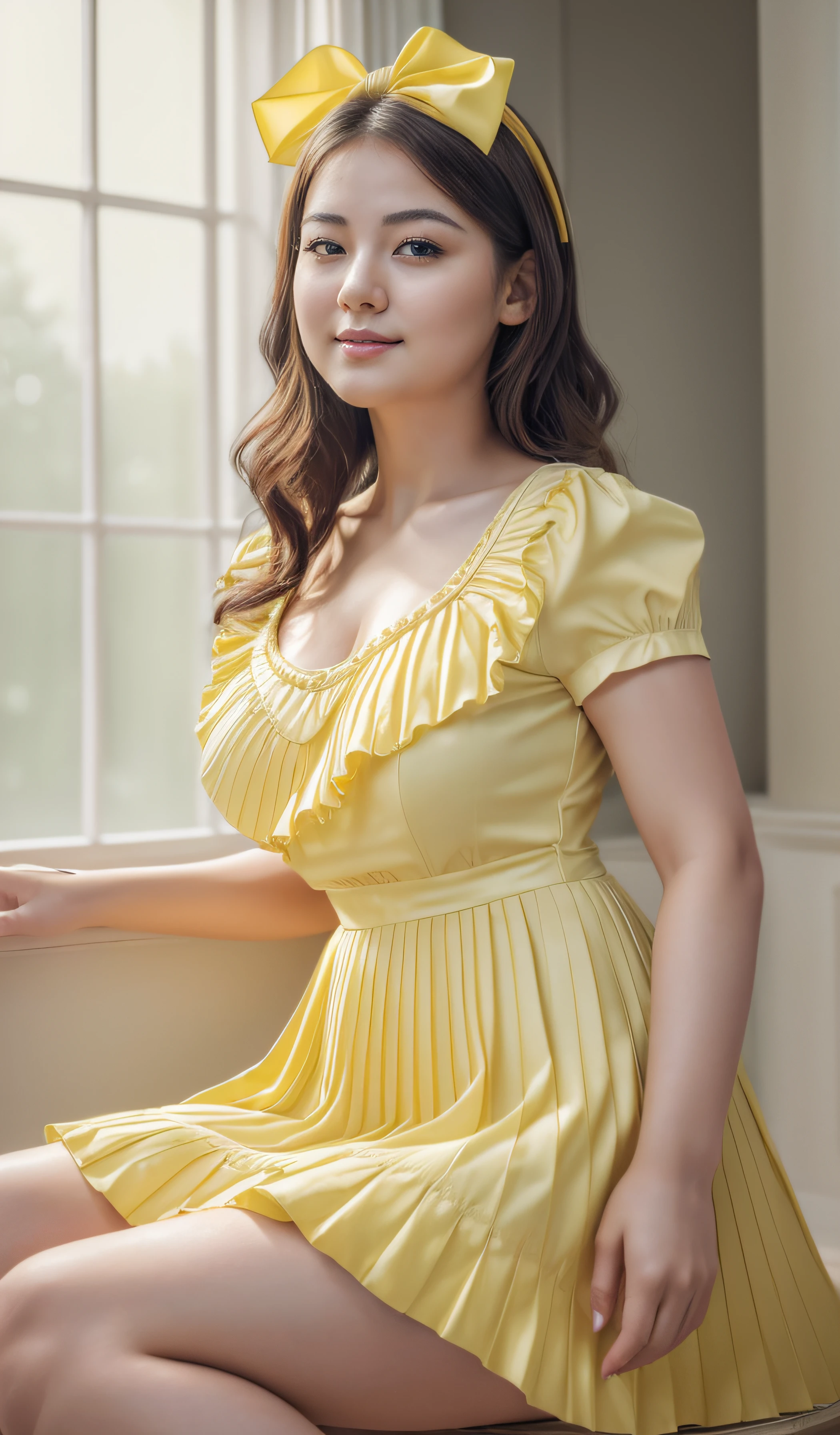 (photorealistic:1.4), (masterpiece, 8k raw photo, best quality:1.4), a woman, 25 years old, beautiful Eurasian face, (chubby:1.3), big thighs, white pale skin, short wavy cascading hair, (yellow bow ruffles short sleeve pleated dress), seductive smile, seductive pose, closed mouth, indoor shoot, film grain, cool tone, depth of field