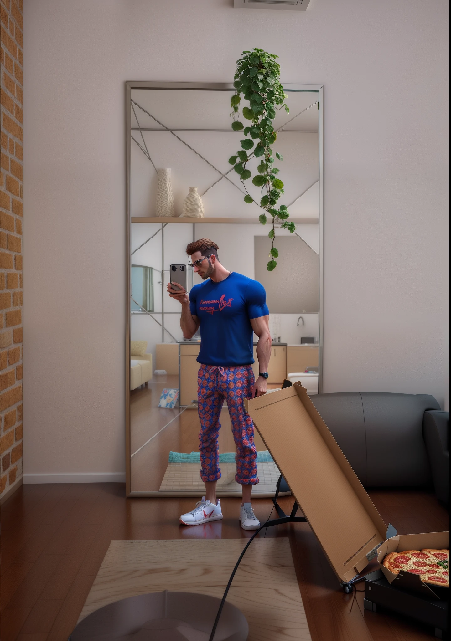 There's a man standing in a room with a pizza box, 2 k aesthetic, mirror selfie , iphone 11, ( ( ( ( 3D-rendering ) ) ) ), Captura de tela do videogame de 2020, promotional render, Roupas realistas, Captura de tela de jogabilidade de moda, corpo inteiro!! Detalhes maximalistas, ( ( 3D-rendering ) ), arnold rendering, in style of 3d render