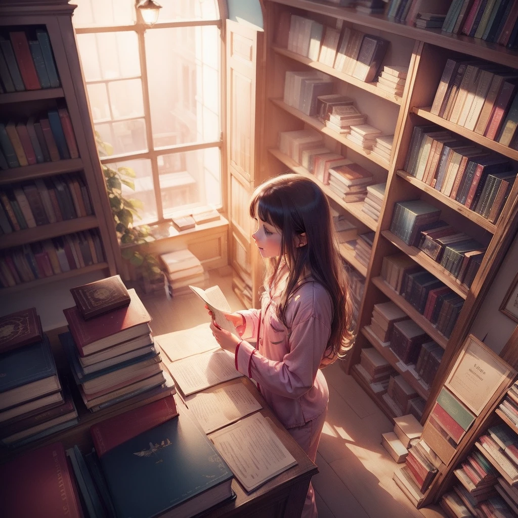 dream,Bookstore,Dream Factory,people,A girl with,balance,Pajamas,Work,Fantasy,fairy tales,watercolor