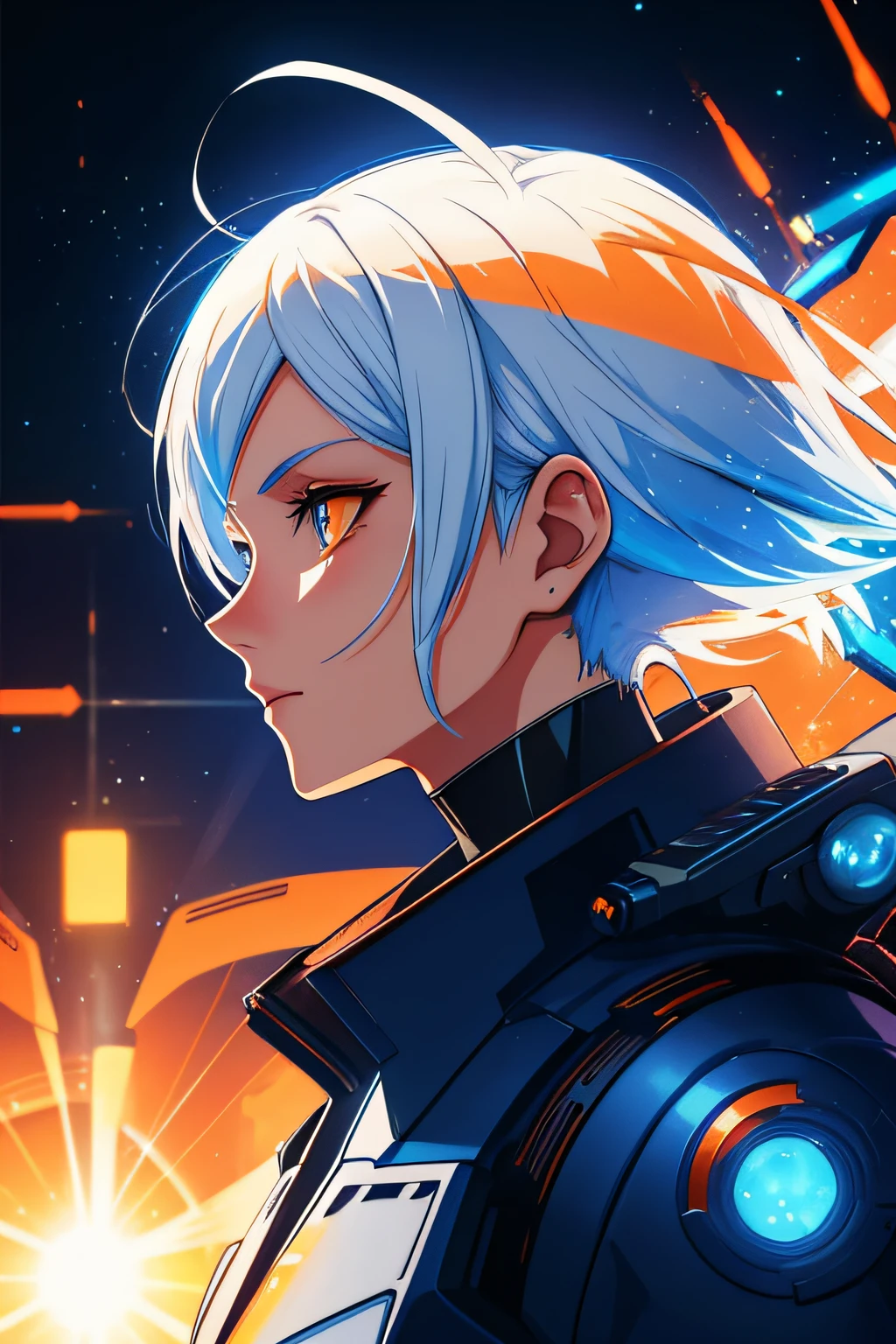 white hair, blue hair, orange hair, gradient hair, orange eyes, from side, profile picture, cyberpunk background, robotic, hair flowing over, volumetric lighting, light particles, sparkling eyes, dystopian, colorful