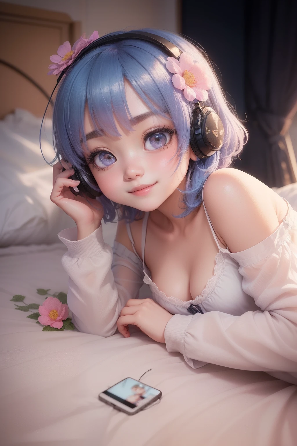 1girl, chibi, cute, smile, smile, flower, ((lying on bed)), lying, ((use smartphone)), headphones, music, ((view Eiffel Tower)), white shirt, cleavage, small breasts, mini denim skirt, short hair, blurry , blue hair, blush stickers, long sleeves, bangs, blue hair, pink flower, (beautiful detailed face), (beautiful detailed eyes)