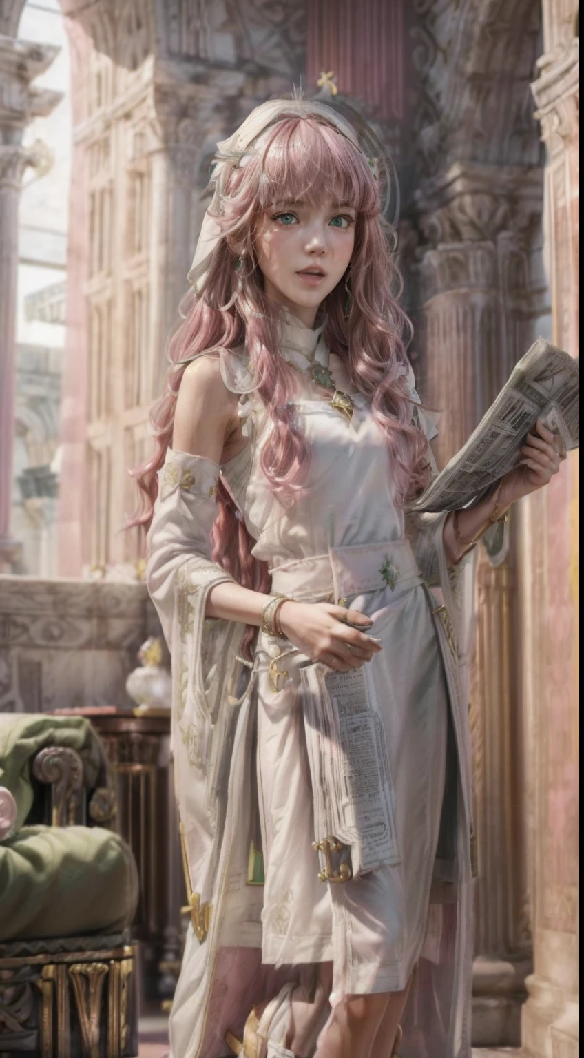 masterpiece, Highly detailed, super realistic, detailed background, bright Lighting, Daylight, beautiful face, beautiful eyes,
 medieval style, 4k, 8k, 1girl, solo, 
(14-years-old magical princess:1.2), (pretty face),(pink-wavy-hair and green-eyes:1.5),
wearing (White Archbishop's ceremonial long dress:1.5), (Golden bracelet), (tube top), (Necklace), (Jewelry), (slender:1.5),
 (small breasts), (pretty face), (****), (looking away),(Roman sandals:1.5),
(in the Royal Palace Living Room),(Standing up and reading the newspaper:1.5),
(surprised),(Open mouth),