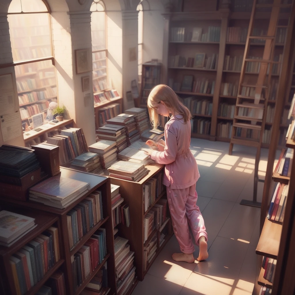 dream,Bookstore,Dream Factory,people,A girl with,balance,Pajamas,Work,Fantasy,fairy tales,watercolor
