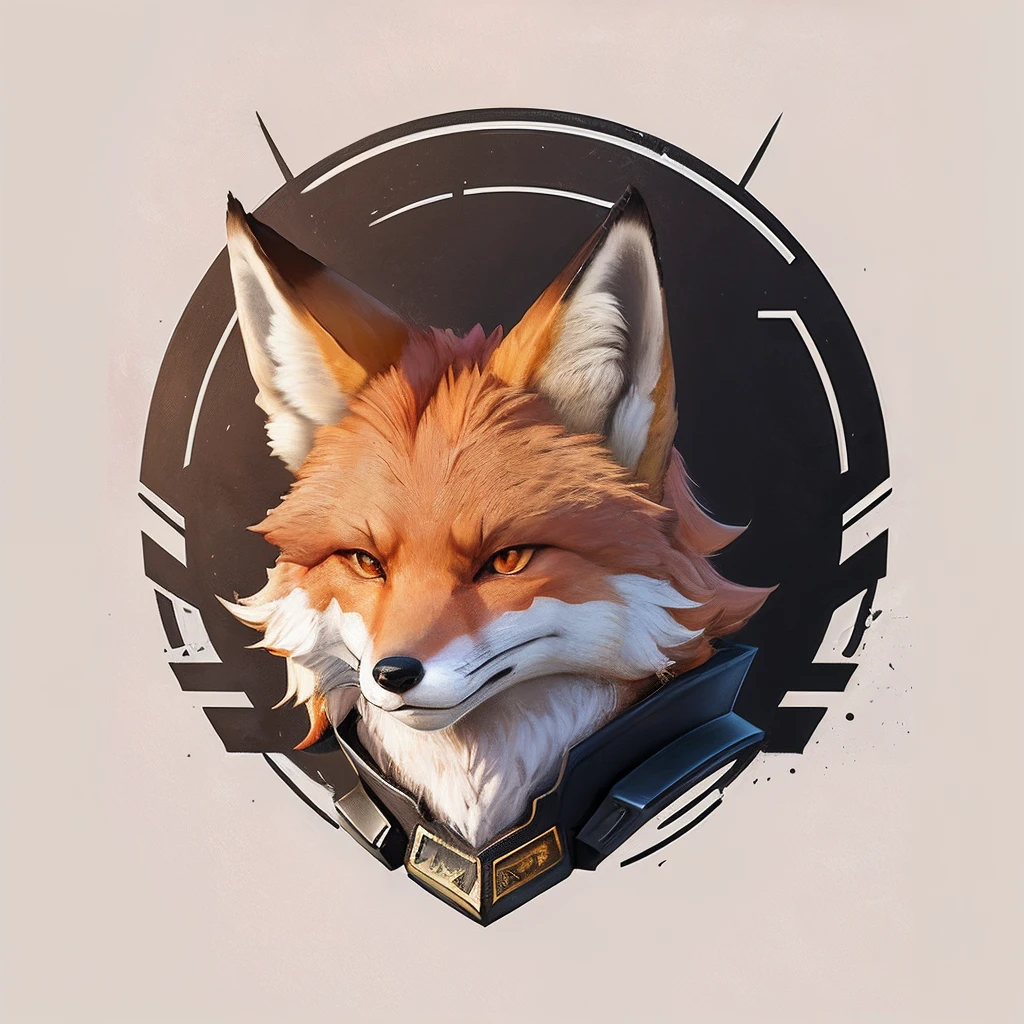 There is a fox head，There is a shield on it, portrait of an anthro fox, digital fox, Anthropomorphic fox, fox animal, Stylized fox, an anthropomorphic cyberpunk fox,Logo design，2D icons，UI design