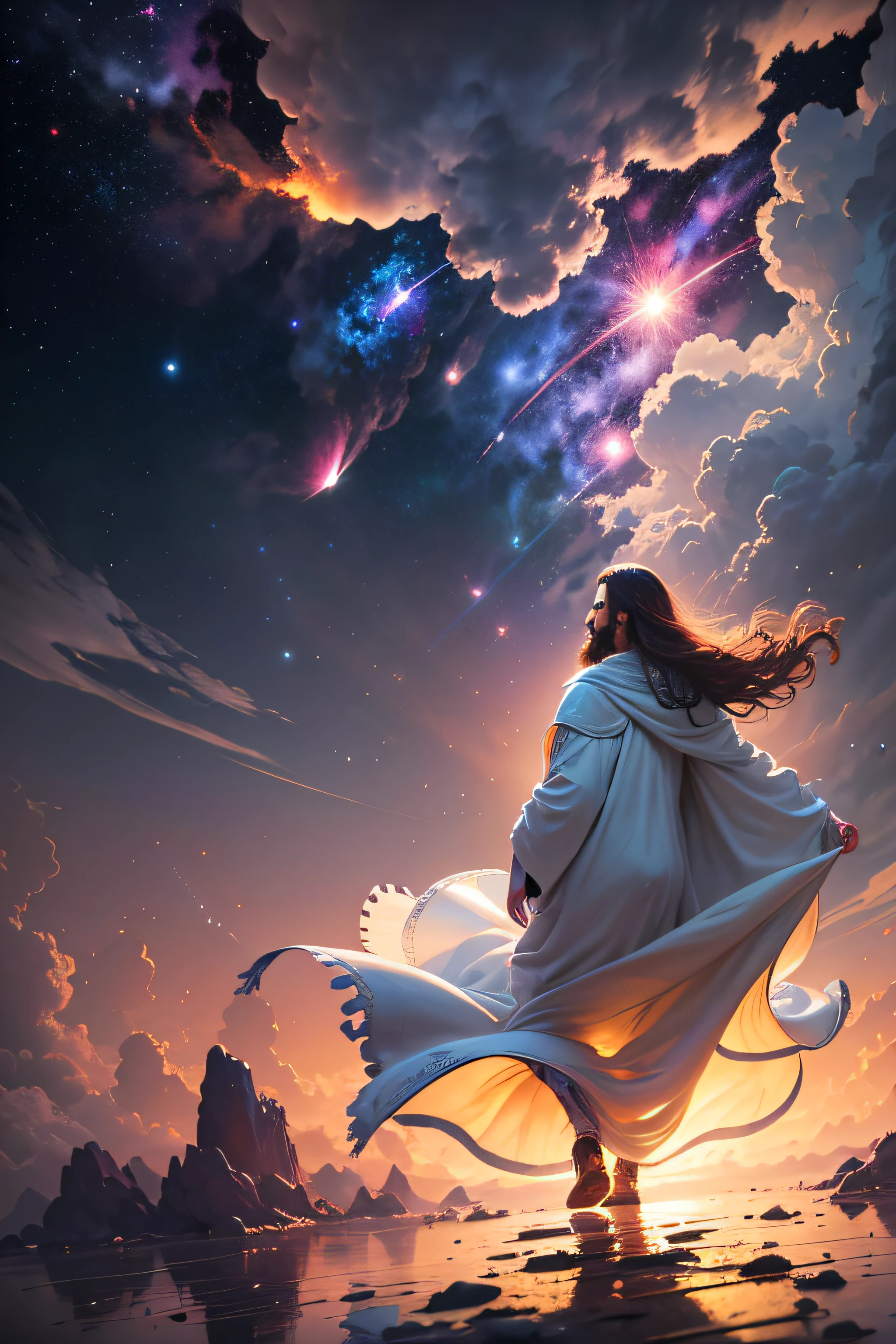 Deus andando no deserto, BIG HEART blue eyes, 8k, Pessoas ao seu redor, mirage in the background DAVID OF THE BIBLE RED HAIR Jesus walking on water in the middle of a storm, obra-prima, melhor qualidade, alta qualidade, papel de parede 8k de unidade CG extremamente detalhado, fotografia premiada, Bokeh, Depth of Field, HDR, bloom, chromatic aberration, fotorrealista, extremamente detalhado, trending on ArtStation, trend at CGSociety, intrincado, alto detalhe, dramatic, arte no meio da jornada, volumetric illumination jesus floating in the air on top of clouds with a light shining brightly on his face Jesus Christ, o centro do universo, He is tall and resolute., Looking at the galaxy with outstretched arms. As estrelas e planetas giram em torno dele, orbitando em perfeita harmonia. His robes flow in the cosmic wind, as if he were the embodiment of the universe itself. The scene takes place in deep space, with nebulae and galaxies in the background. The atmosphere is serene and peaceful, as if all creation were at peace in his presence. Artwork, A digital illustration with intricate details and vibrant colors. 16k ultra-detalhado --ar 3:2 --v 4 --q 2
INFO (galaxy creator + Having predestined us for children adopted by Jesus Christ, para si mesmo, according to the good pleasure of his will, 8k, foto RAW, melhor qualidade, obra-prima: 1.5, ultra high-resolution, fotorrealista: 1.5, cinematiclight, smooth volumetric lighting: 1.5, realista, fotorrealista: 1, pele detalhada, profesional lighting, fotografia, foco nítido, detalhado, profesional lighting, photon maping, ambiente detalhado e intrincado, altamente detalhado, melhor qualidade, artsy photography, arte conceitual fotorrealista, volumetric natural soft perfect cinematic light, MIDJOURNEYos:1.2), (Planeta Terra:0.8)) com o mundo na palma das maos --auto --s2