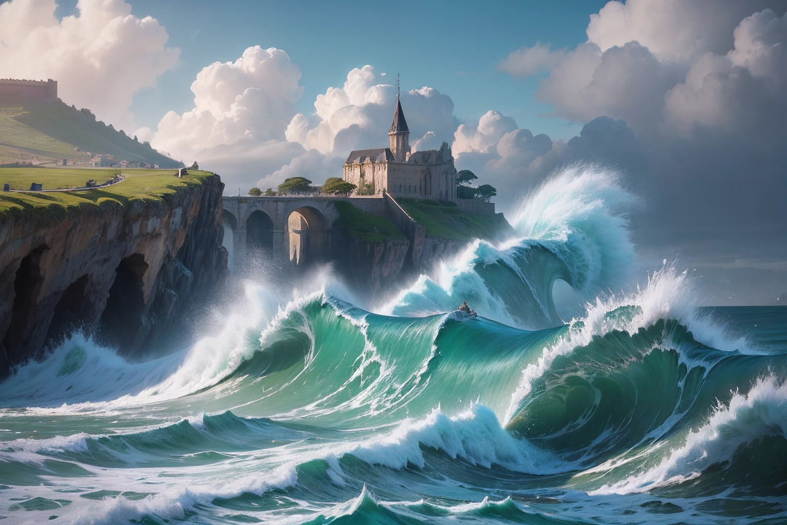 RAW photo, best, masterpiece, best quality, high quality, extremely detailed,"a pumice island in the bay of Baiae", covered with blue moss and flowers, ancient palaces and towers, raging sea with big waves, inspired by Ode to the West Wind, tsunami
BY PERCY BYSHELLEY
