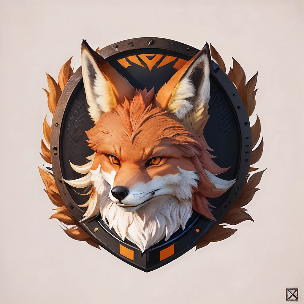 There is a fox head，There is a shield on it, portrait of an anthro fox, digital fox, Anthropomorphic fox, fox animal, Stylized fox, an anthropomorphic cyberpunk fox,Logo design，2D icons，UI design