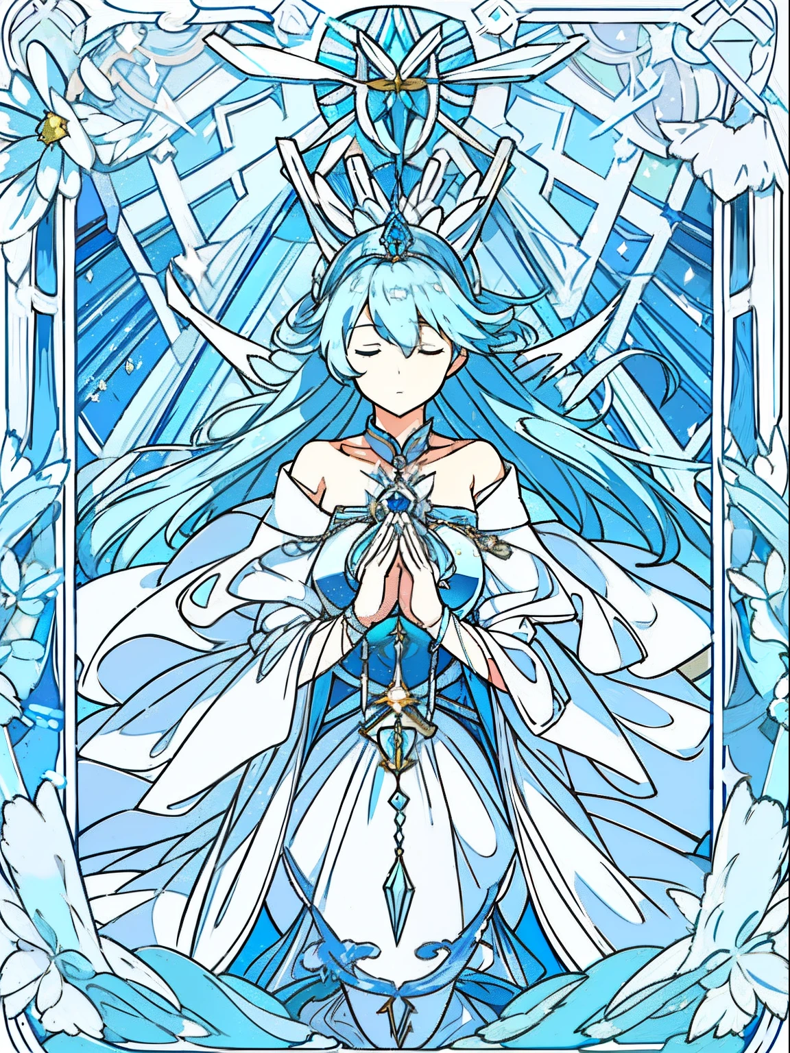 1 girl, magical, closed eyes, power of the wind, high-resolution, 8k masterpiece, long light blue hair, wearing a white flowy gown, with light blue crown, hands like praying position, center, half body, inside a tarot card