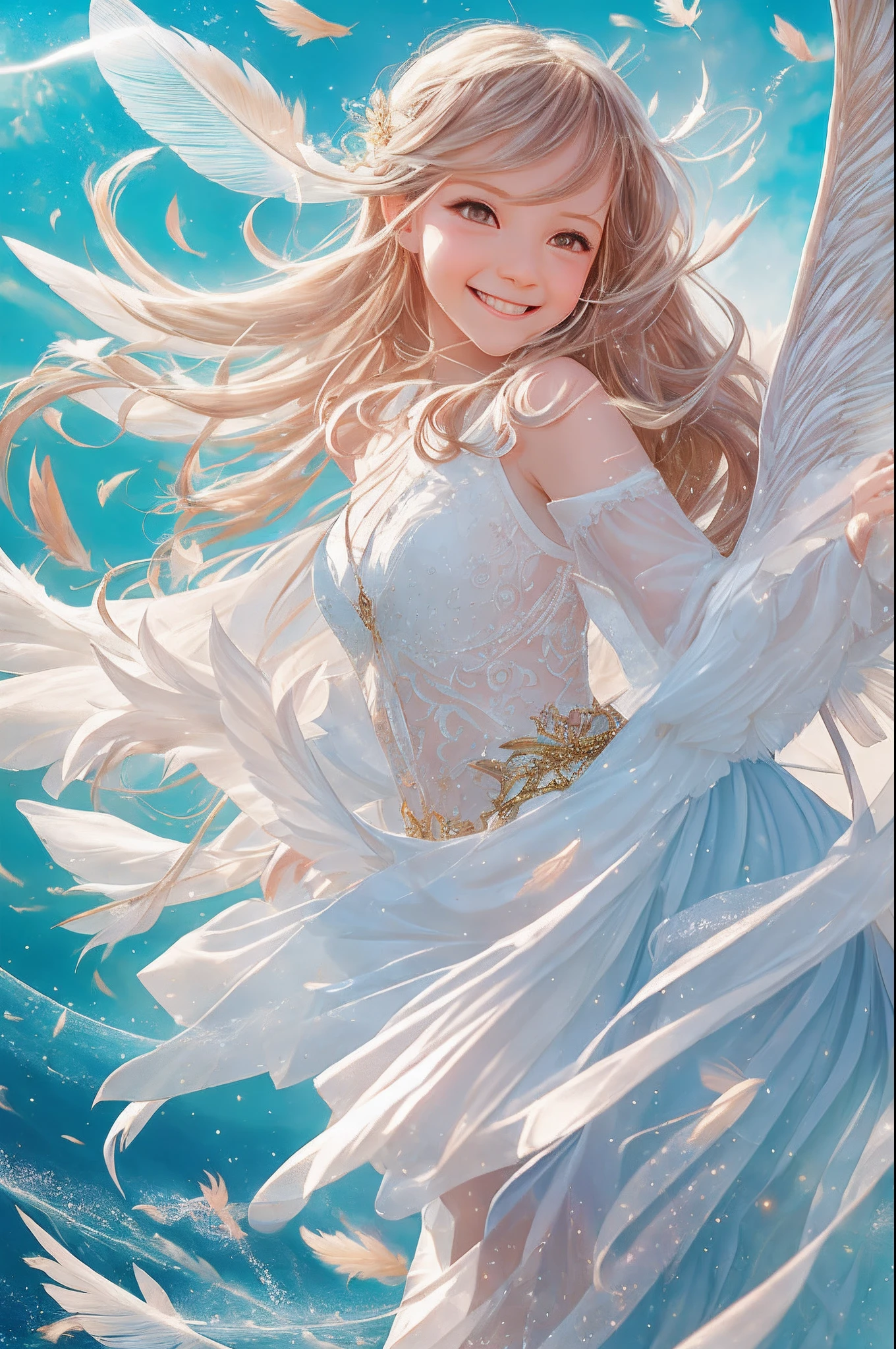 wizard, fairy, powerful, gentle angel, flash, light, big feather, fun, playful, beauty, bright background, high image quality, parent and child, bright smile, strong light, enjoy, lassen, sea background