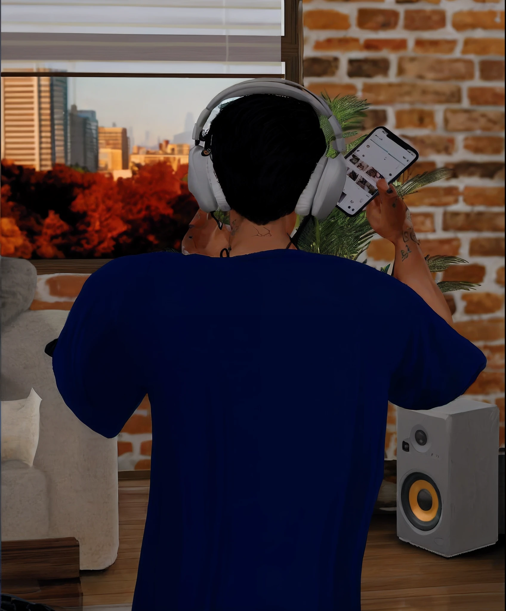 There's a man standing in front of a window with headphones on, com fones de ouvido, mirror selfie, beautiful hair, com fones de ouvido, Cena realista, vibing to music, cena detalhada, Listening to music, The Music Guy, scene preview, listening to music at 2 am, music being played, realismo artstyle, jamming to music, ! Movie Scene, Avatar do Second Life, random artist