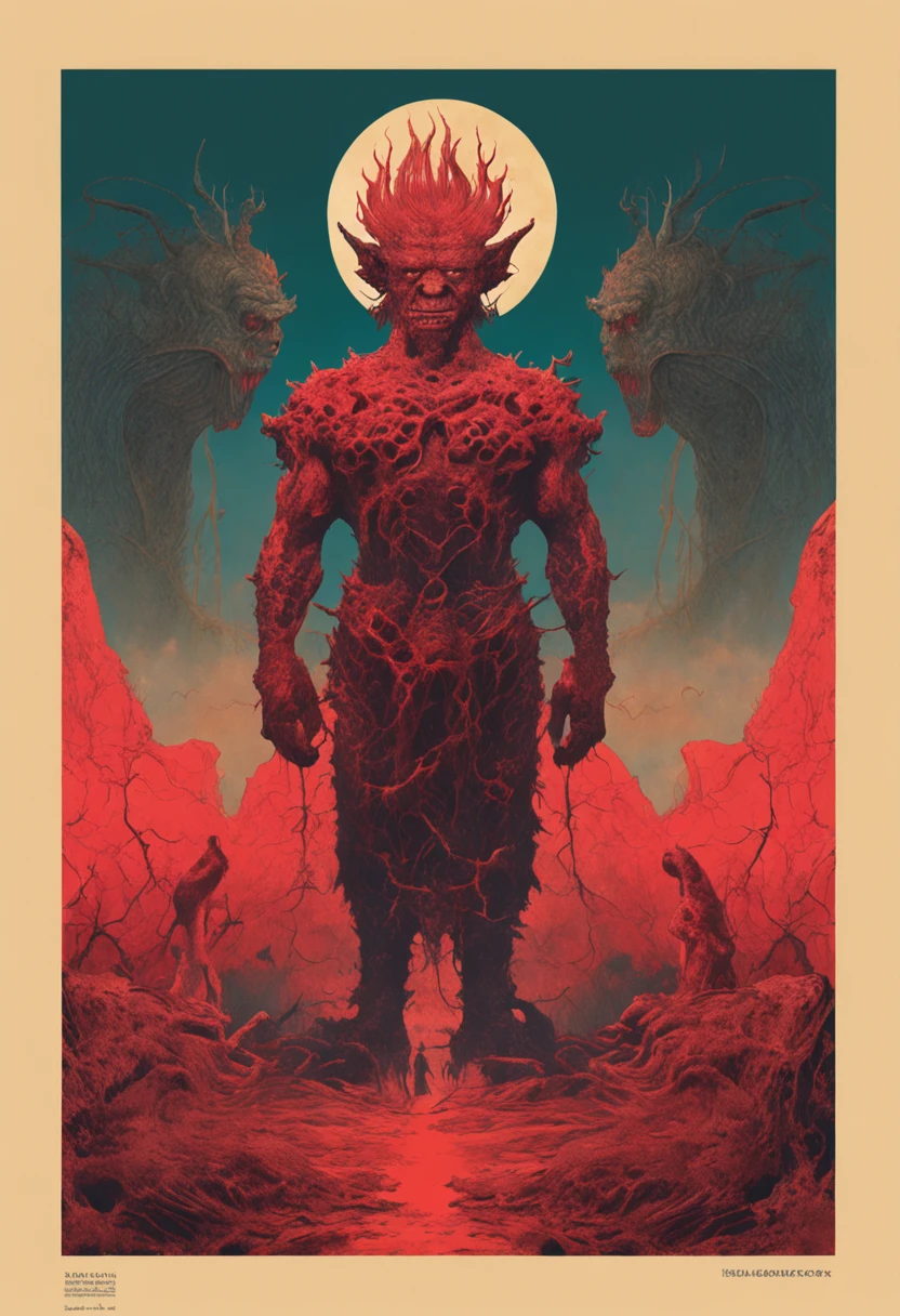 Son Goku、mythological creatures, author:Zdzislaw Beksinski和Van Gogh, album covers, , surrealism, Futuristic ,satan, tyrannosarus rex, coral, wizard, abstracted, Dark, Red, hell, landscape
