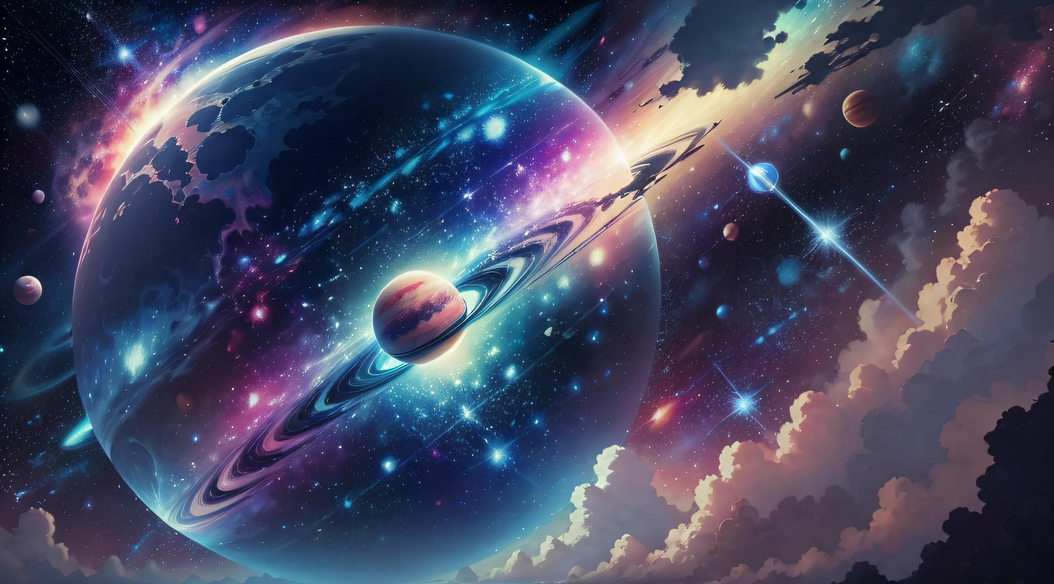 Space with all planets blue and pink with bright white stars background Miyazaki style,Swirling starry sky color