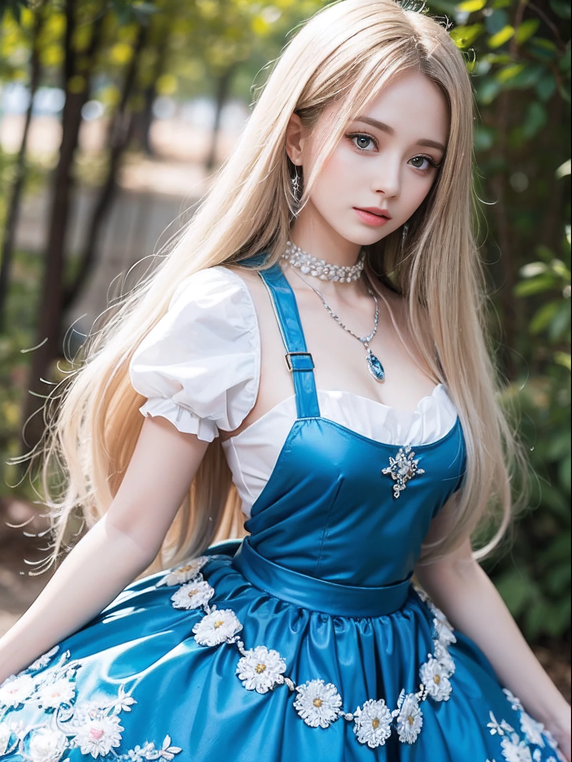 portlate、Alice in Wonderland、Blue sky、Bright and very beautiful face、Young shiny shiny white shiny skin、Best Looks、Platinum blonde hair with dazzling highlights、finer hair、beautiful long back hair that is very straight,,,,、Super long silky straight hair、Beautiful bangs that shine、Glowing crystal clear big blue eyes、very beautiful nice beautiful girl、White Apron、Blue Dress