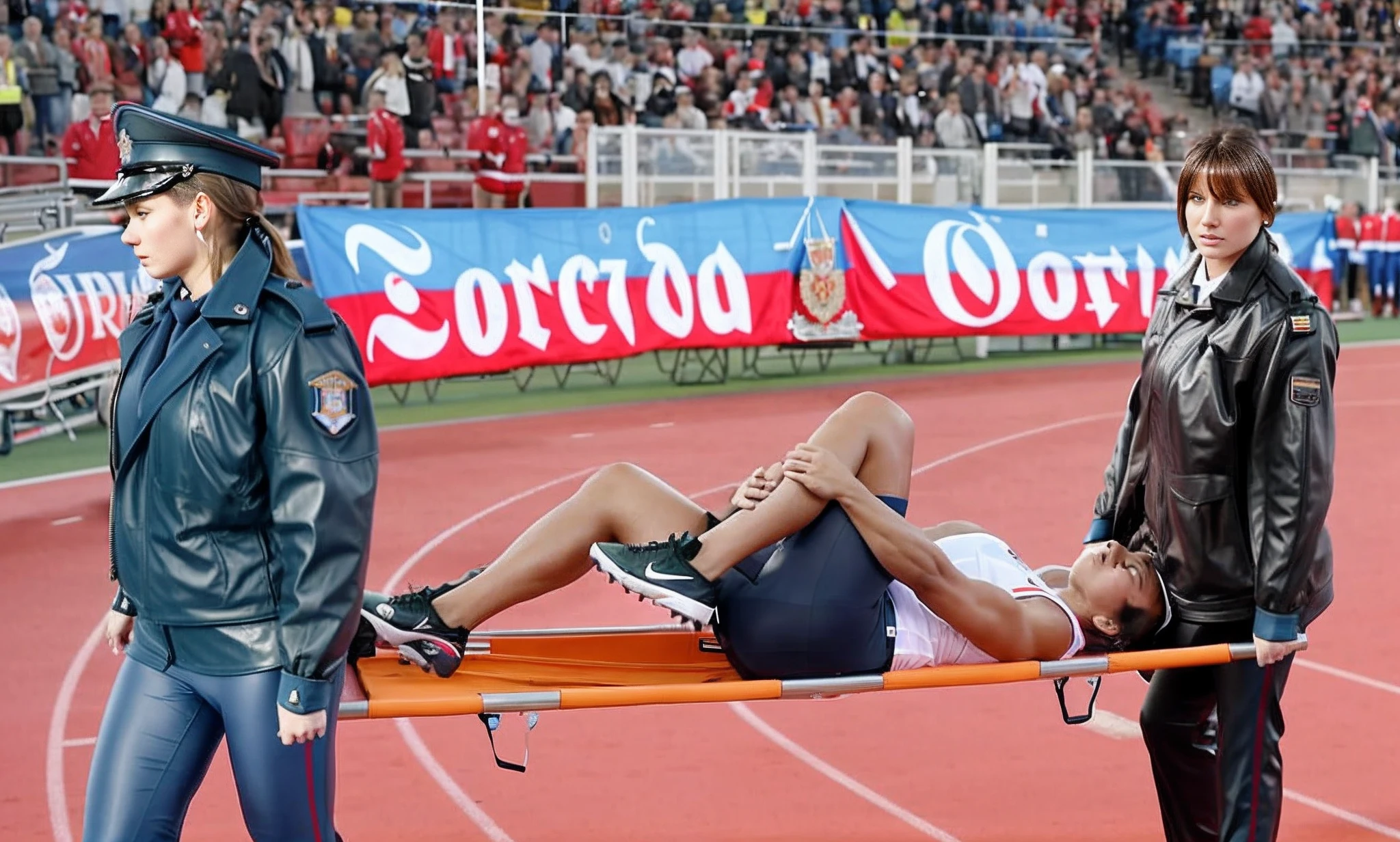 an athletics competition with many spectators in a stadium in russia, a male athlete has injured his shin and is being carried out of the arena on a stretcher by two russian policewomen wearing shiny patent leather uniform jackets, the head of the man lying on the stretcher is in profile looking upwards, the face has a masculine-attractive aura, but it is contorted with pain and has an extremely suffering expression, a male athlete with a shin sprain and obvious pain lies on a stretcher and is holding his aching leg with both hands as he is carried out of the stadium on a stretcher by two russian policewomen, the head of the man lying on the stretcher is in profile looking upwards, the face has a masculine-attractive aura, but it is contorted with pain and has an extremely suffering expression,, beautiful and very horny russian policewomen carry a stretcher in a sports stadium from our point of view horizontally from right to left, A track and field athlete visibly in pain lies horizontally with his head to the right and legs to the left on an orange stretcher being carried by two Russian policewomen in leather jackets at a sports stadium, the track and field athlete lying on the orange stretcher has drawn up the leg closest to us and is clutching his aching shin with both hands as he is carried away on the stretcher by two russian policewomen