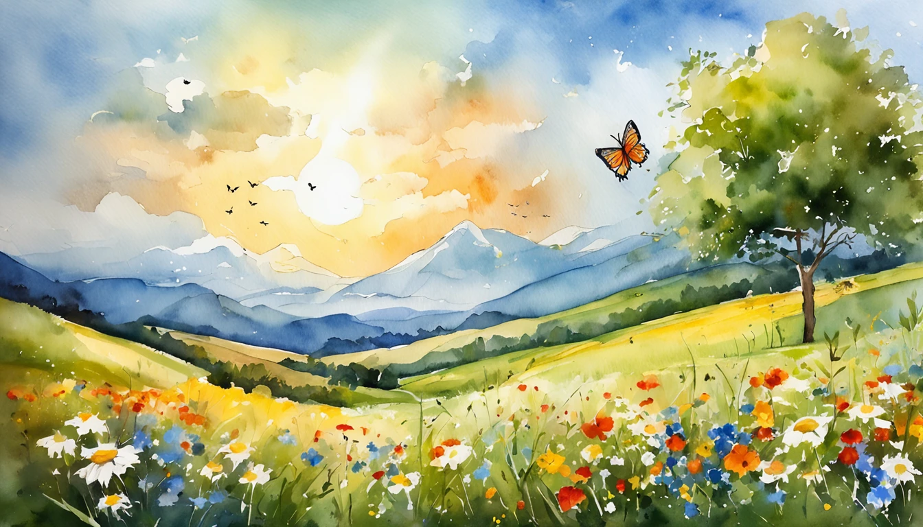 (from below, the sky above, open fields below), blue sky, white clouds, sun, sunlight, fields, mountains, trees, butterfly, meadows, flowers, wind, sunshine, (dynamic composition: 1.4), rich detail, rich in color, (rainbow colors: 1.2), (luminous, atmospheric lighting), dreamy, magical