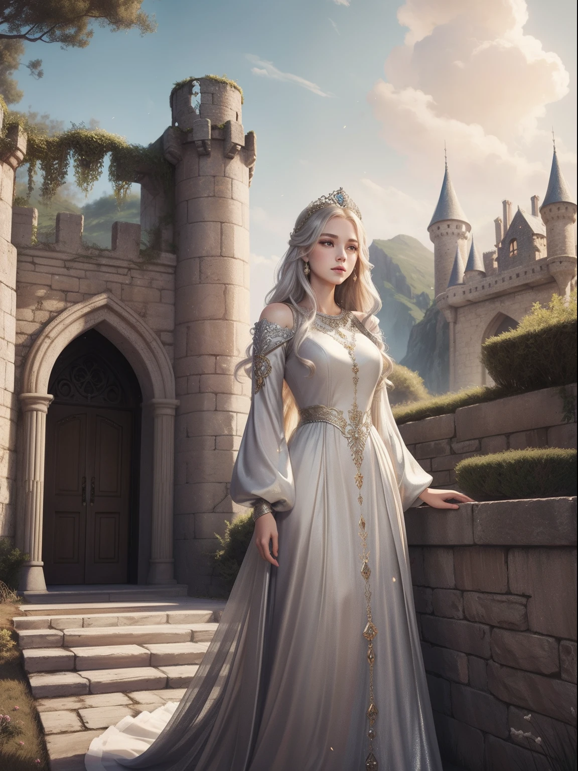 princess, adult, caucasian, beautiful face, wistful look, long golden hair, long silver dress, (puff sleeve), standing, stone castle entrance, peaceful atmosphere, old folk tale illustration,