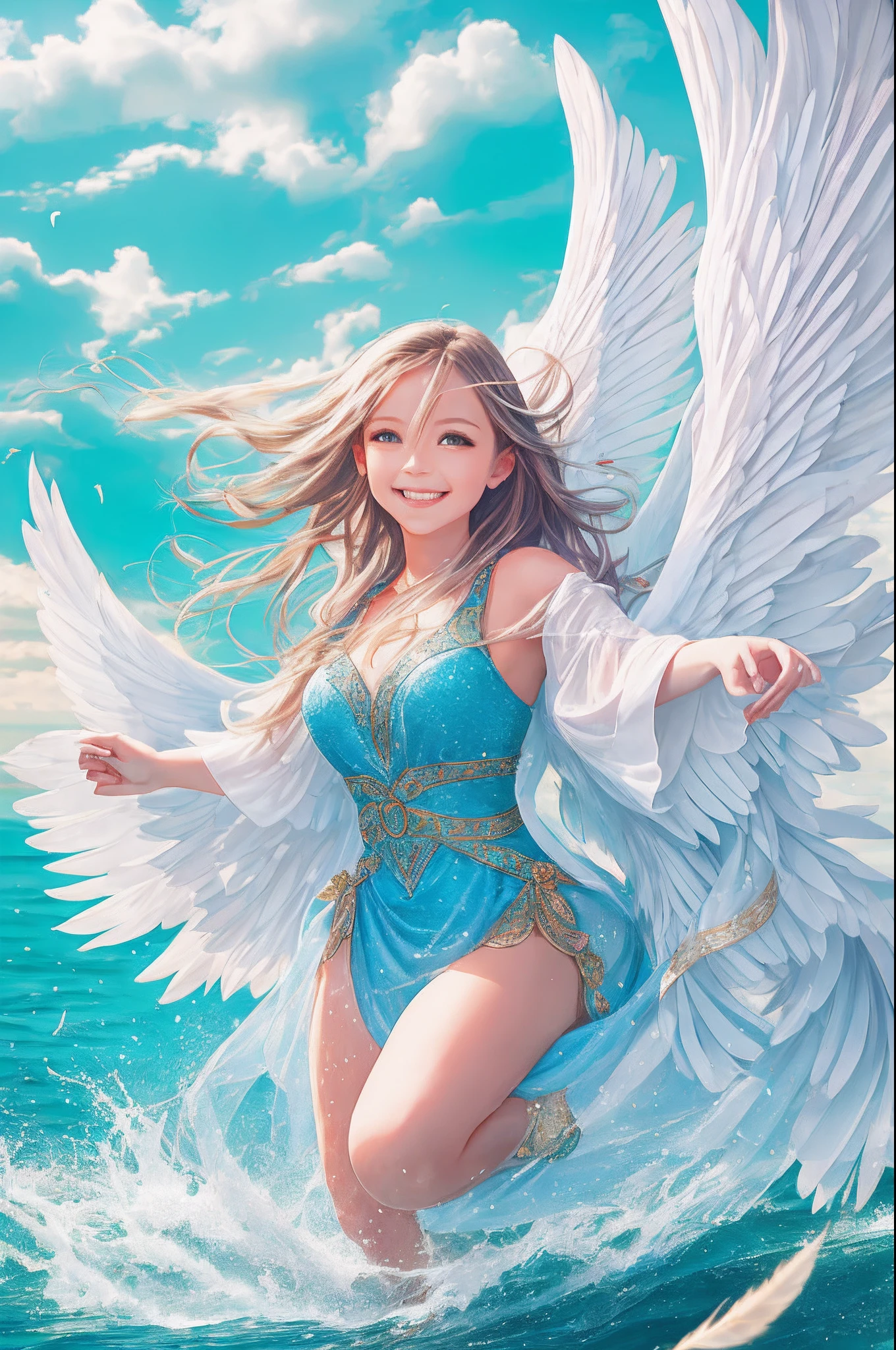 wizard, fairy, powerful, gentle angel, flash, light, big feather, fun, playful, beauty, bright background, high image quality, parent and child, bright smile, strong light, enjoy, lassen, sea background