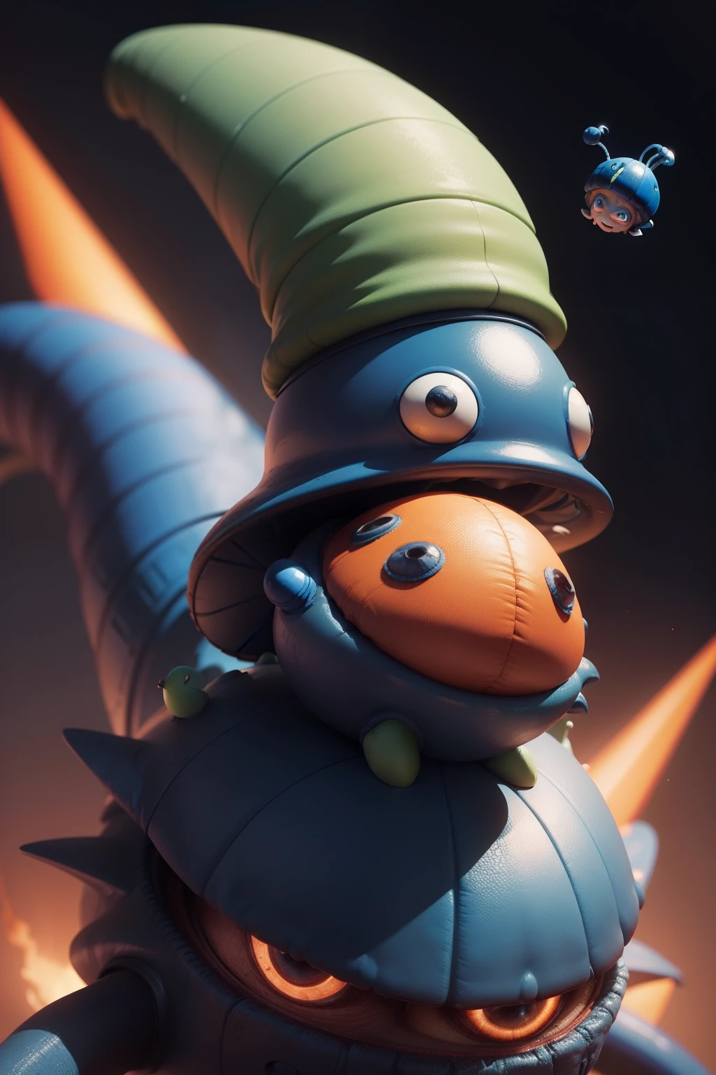 A funny dark-blue alien, wearing an orange snail hat on the top of his head, green hair, exaggerated laughter, flies astride a mechanism of a strange design. Cartoon style. 3D render. super-realistic, cinematic, close-up, centered composition, pure black-blue-red background, best quality, 4K, face detail