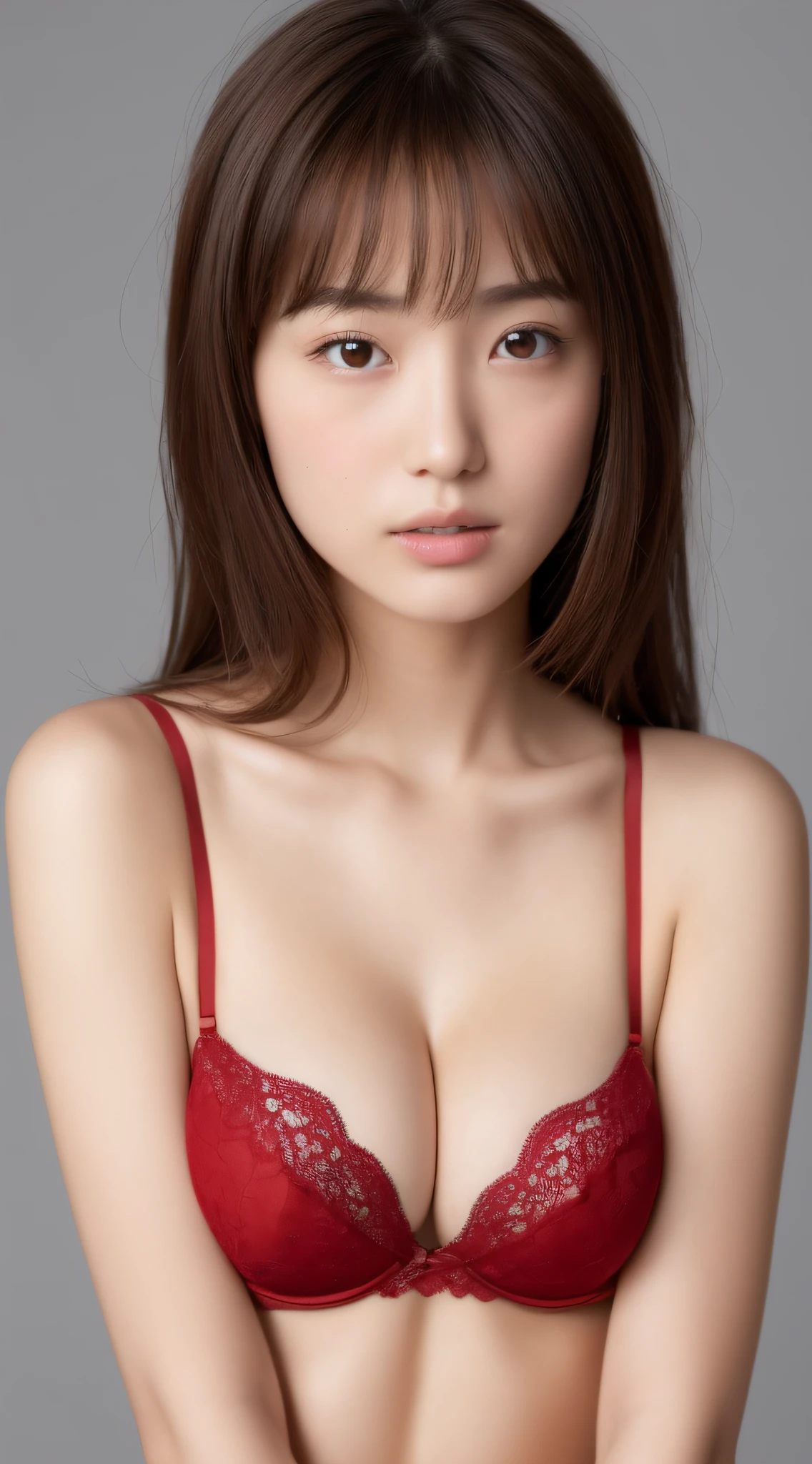 ((Bra Red: 1.5)), photogravure sexy pose, (Masterpiece:1.3), (8K, Photorealistic, Raw photography, Best Quality:1.4), (1girl), Beautiful face, Realistic face, (Detailed face), Beautiful hairstyle, (Detailed hair), Realistic eyes, (Detailed eyes), Beautiful details, Realistic skin, (Detailed skin), Beautiful skin, Attractive, Ultra high definition, A hyper-realistic, Very detailed, (big breasts:0.5), Japanese beauty, (slim figure), gentle, brown hair, (super model figure), cute young Japanese girl, pretty young Japanese girl, (simple gray background), Big breasts :1.2, Enhanced cleavage, bashful, wide shot, (full body), ((Bra Red: 1.5))