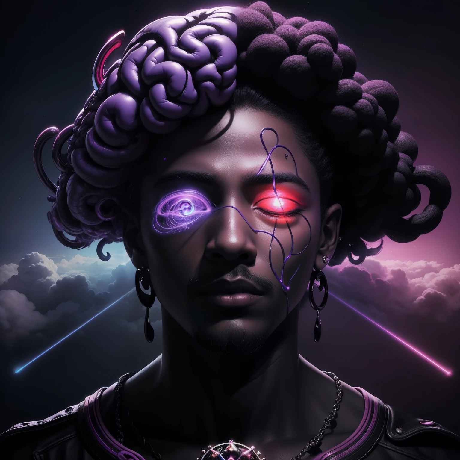 Man face, dark skinned, ear rings, nose pin, Music album cover art, eyes closed, brain made of clouds, mystical, schizophrenic, mental health, intuition, illusion, surreal, dream like, neon, black, purple, pink, white, blue and red, digital art, Salvador Dali style, high quality, render 8k