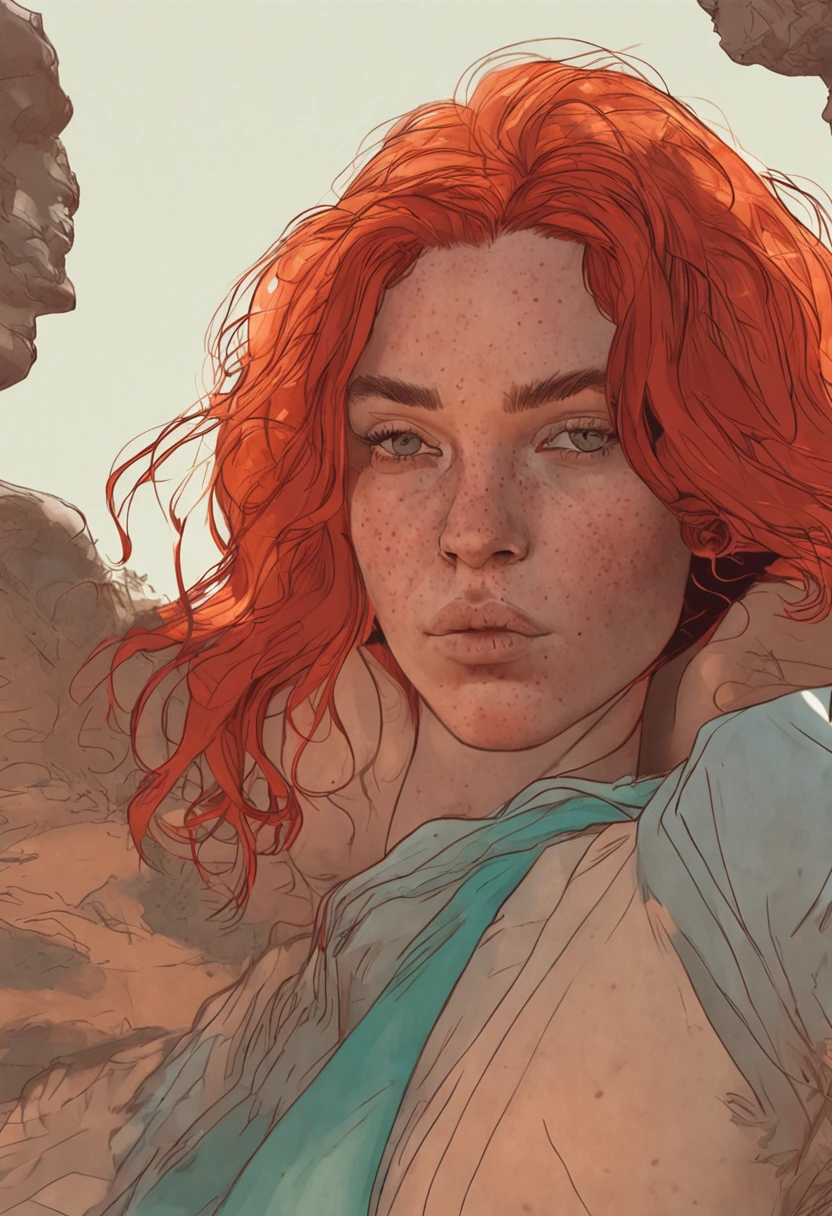 Realistic woman with red hair appearance and freckles, 25 anos, sem roupa, seios bonitos