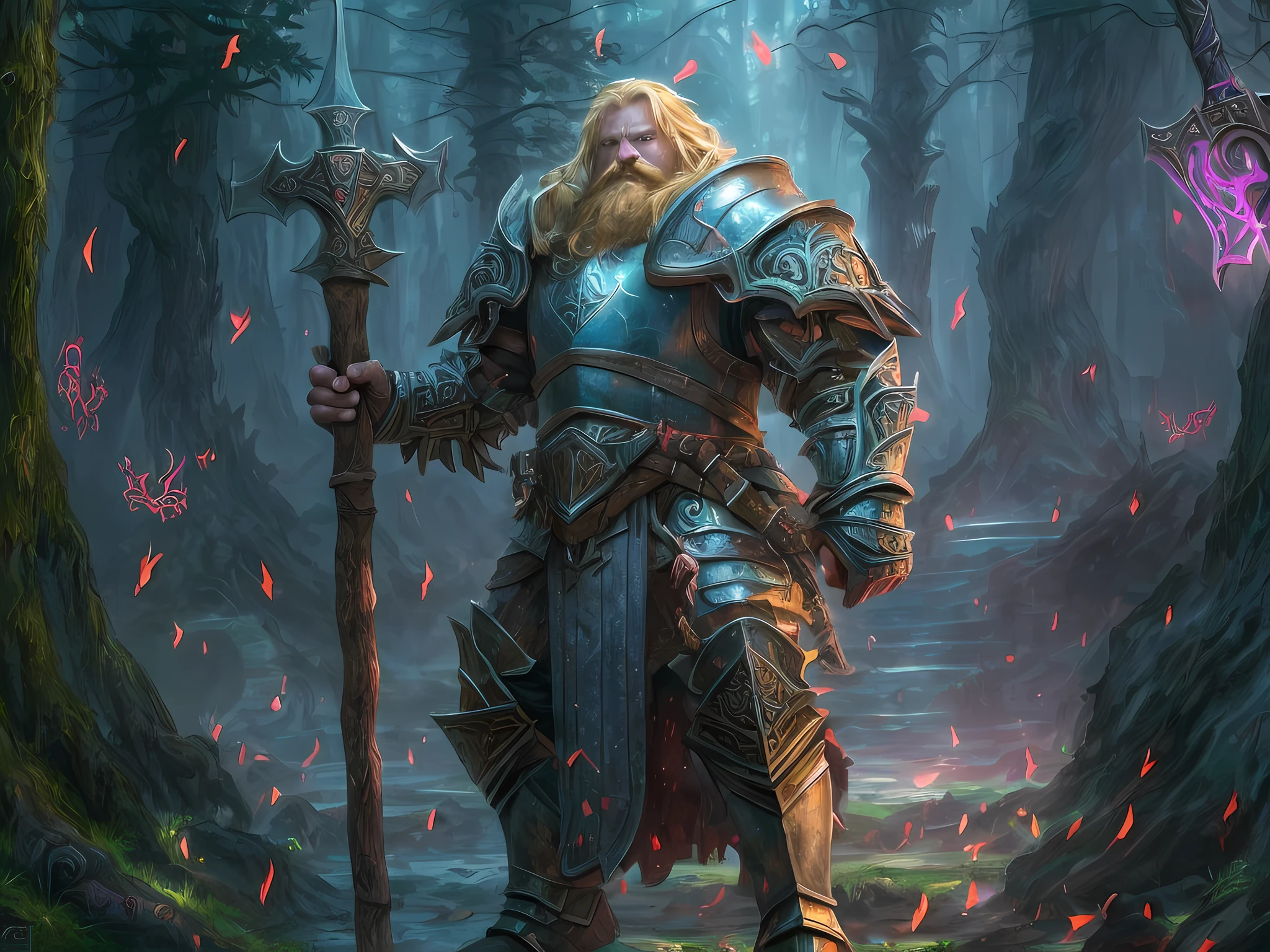 a picture of dwarf paladin of the crown protecting the palace, 1male dwarf, holy knight, protector of the crown, full body (best details, Masterpiece, best quality :1.5), blond hair, long hair, blond beard, full body (best details, Masterpiece, best quality :1.5), ultra detailed face (best details, Masterpiece, best quality :1.5), muscular, blond hair, long hair, braided hair, blue eyes, intense eyes, wearying heavy armor, white armor (best details, Masterpiece, best quality :1.5), purple cloak, flowing cloak, armed with an axe fantasyaxe axe, glowing axe, glowing runes on axe, GlowingRunes_purple,  fantasy palace background, D&D art, RPG art, magical atmosphere magic-fantasy-forest, ultra best realistic, best details, best quality, 16k, [ultra detailed], masterpiece, best quality, (extremely detailed), ultra wide shot, photorealism, depth of field, hyper realistic painting,