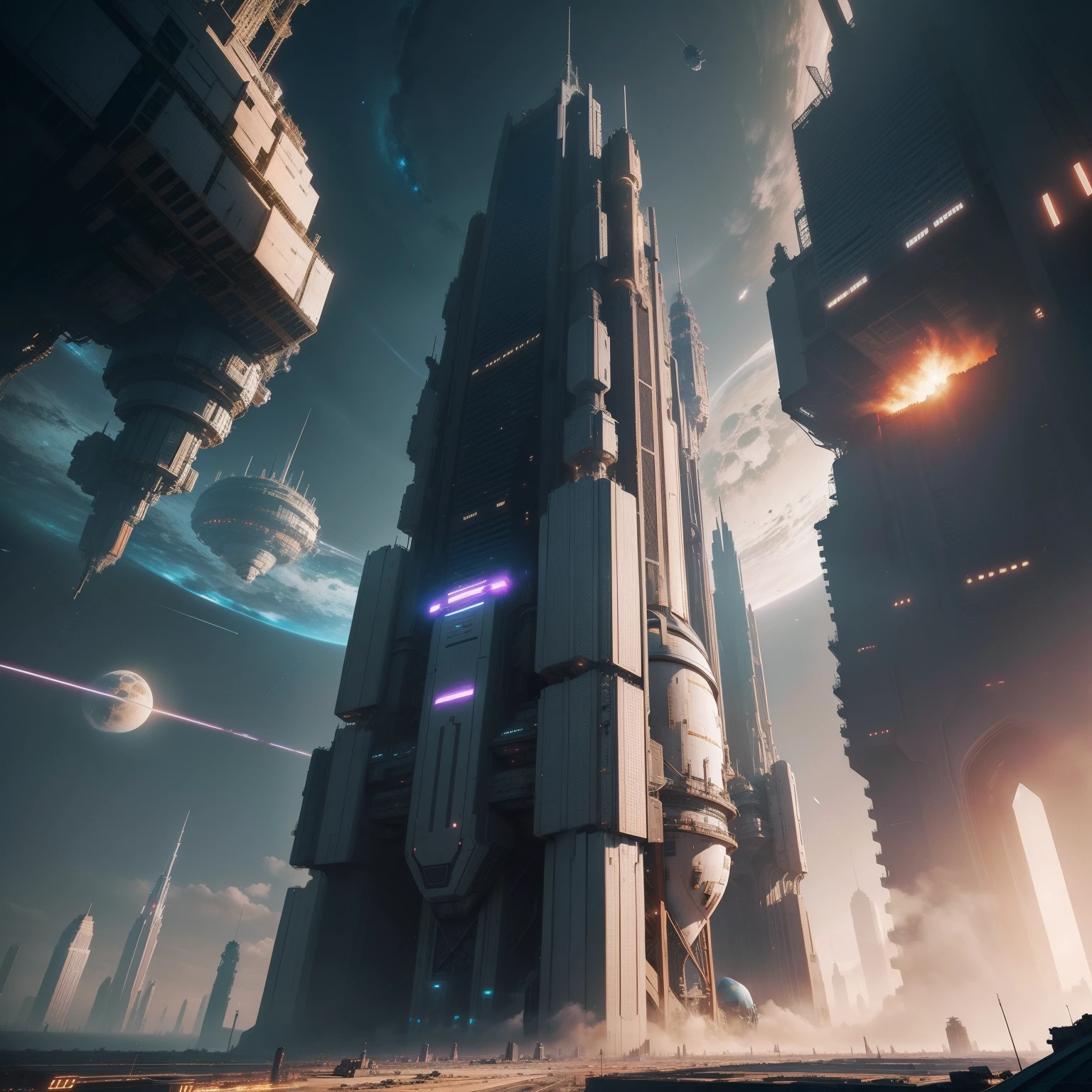 A space station A huge skyscraper stands planet earth futuristic cities Space City Huge construction cyberpunked top-quality masterpiece 超A high resolution dream SFart by Megacities