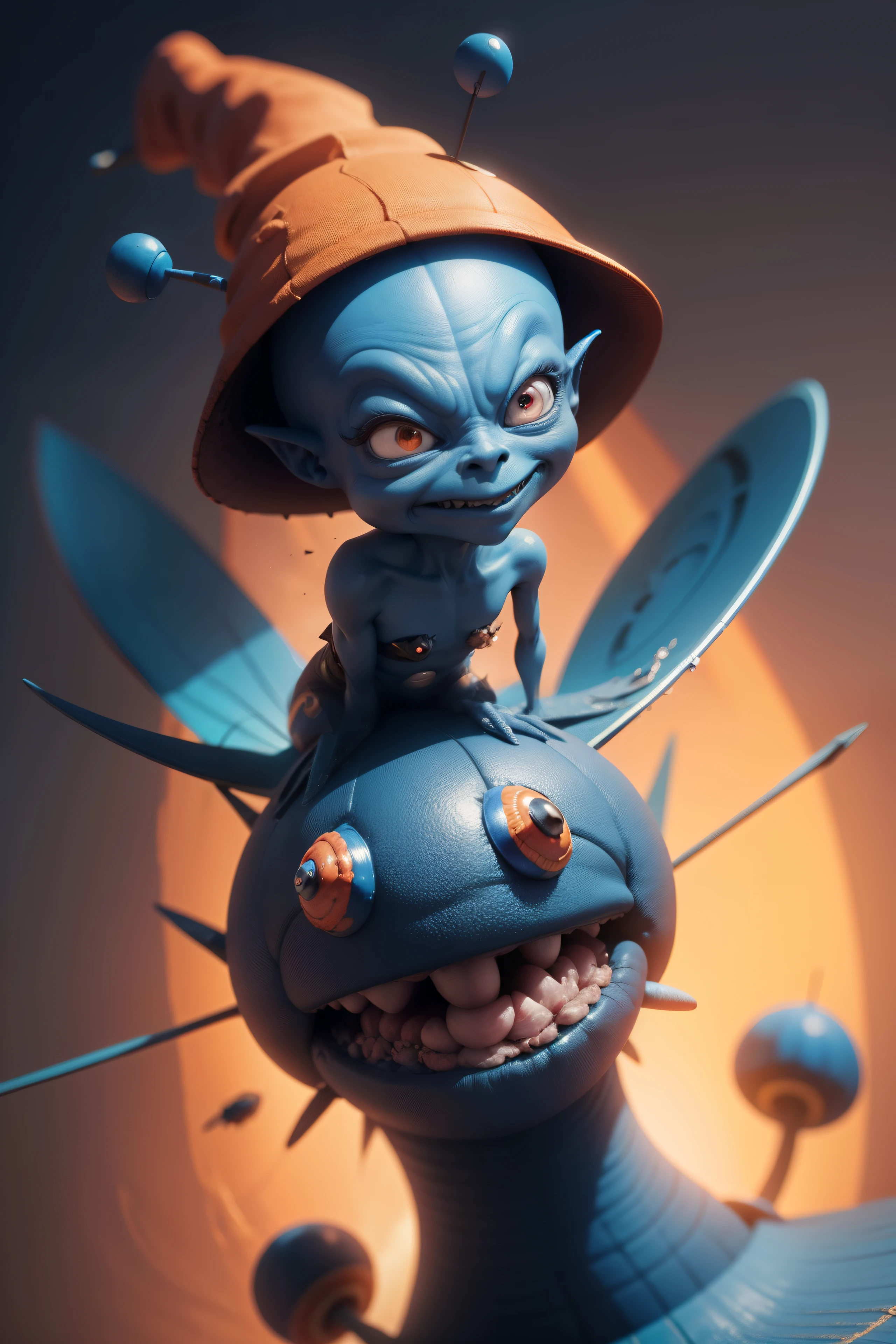 A funny dark blue alien, wearing an orange snail hat on the top of his head, green hair, exaggerated laughter, flies astride a mechanism of a strange design. Cartoon style. 3D render. super-realistic, cinematic, close-up, centered composition, pure black blue-red background, best quality, 4K, face detail