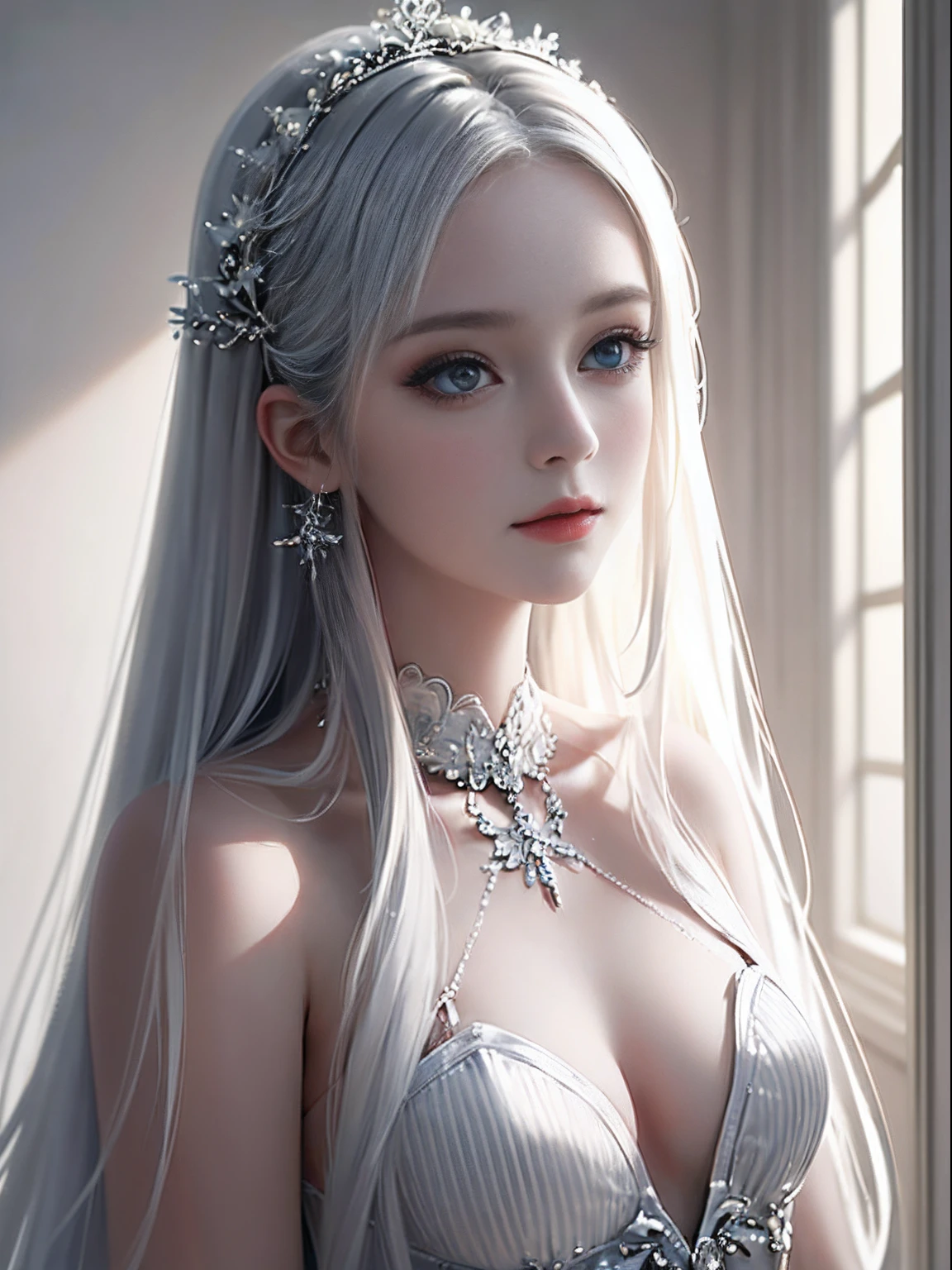 (16 K、Raw photography、top-quality、masterpiece)、(realisitic、Photorealsitic)、ultra-detailliert、超A high resolution、1、see the beholder、beautifull detailed face、A smile、Constriction、(Slim waist) Beautiful detailed skin、Skin Texture、floated hair、profetional lighting、Big breasts、Depiction of areola and nipple、Depiction of stripes and pubic area、silber hair、Very long hair、pale skin、Full nudity, clean, a closed mouth、mournful、Visible, best qualtiy、masterpiece、hight resolution、1girl in、15 year old girl, a white girl, The Deep Face of the Moat, Silvery hair, Upper body photo, large full breasts, Nothing is worn, length hair