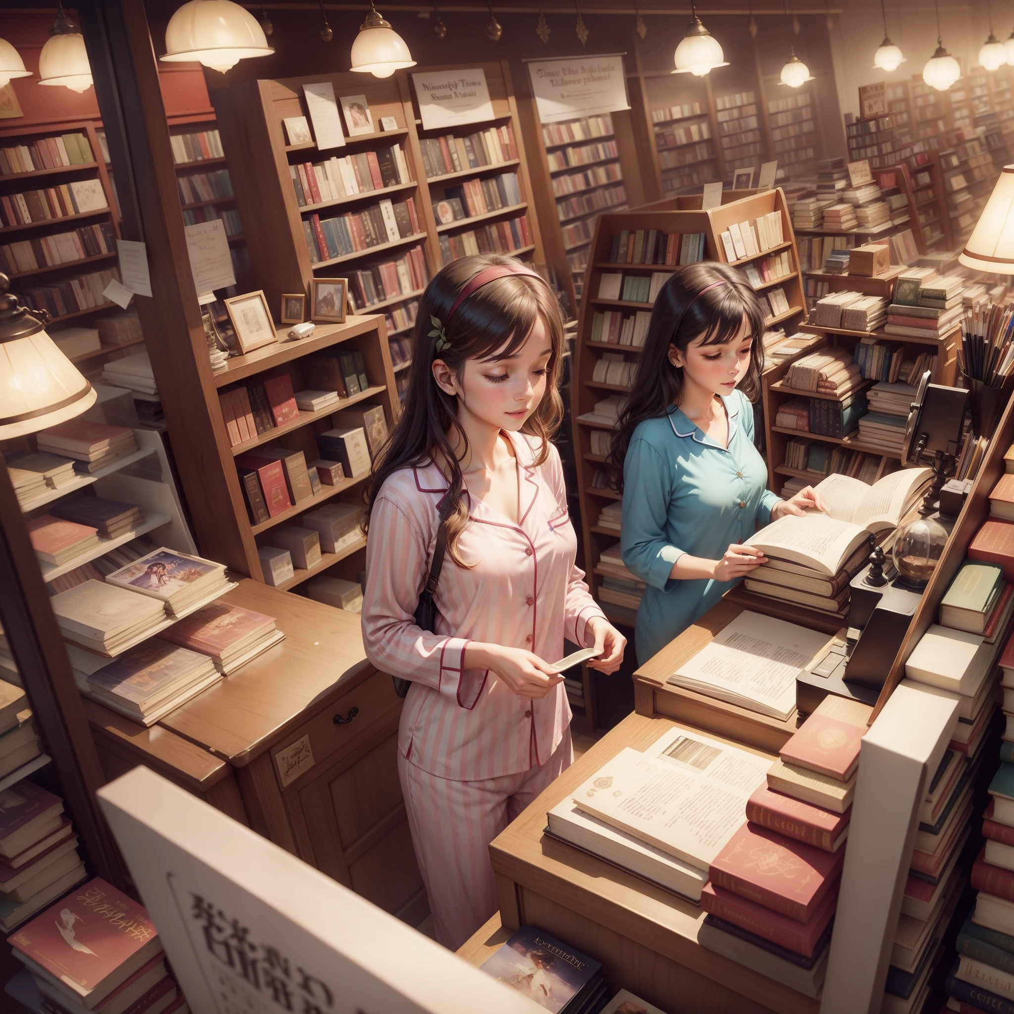 Bookstore,fairy tales,watercolor,People in pajamas,Bookstore Employees,cash desk,dream,Dream Department Store