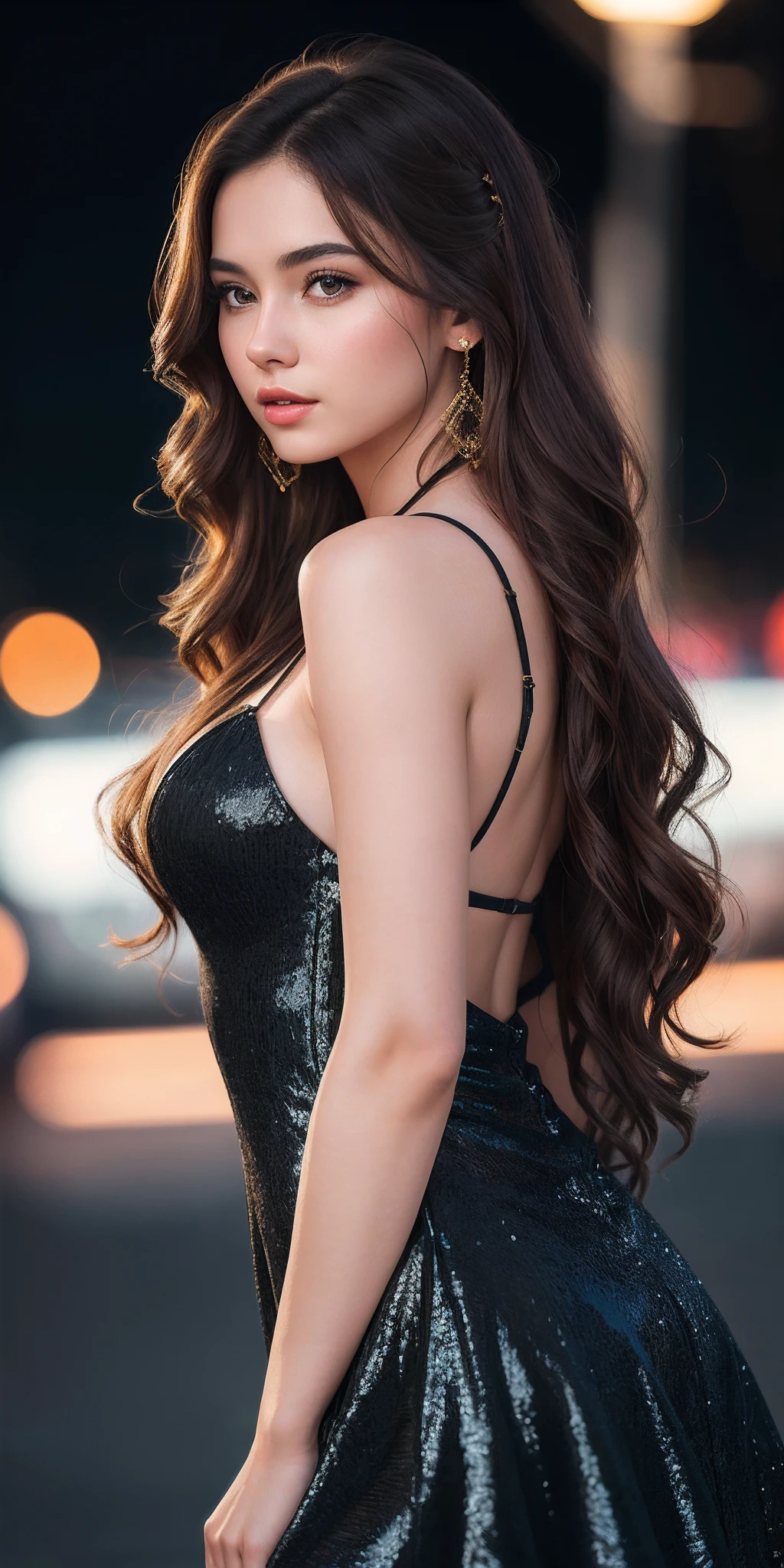 Photo of 21 year old girl, (brown hair with extra long wavy), ((portrait)), (Detailed face: 1.2)), (Detailed facial features)), (Fine skin), pale skin, high detail and deep cleavage, slim body, (cold color), reflection, (masterpiece) (Perfect proportions) (realistic photos) (highest quality), shot with Canon EOS R5, 50mm lens, f/2.8, HDR, (8k) (wallpaper) (movie lighting) (dramatic lighting) (sharp focus) (complex), (short black flared dress, heels), ((full body shot)), (outdoor background)