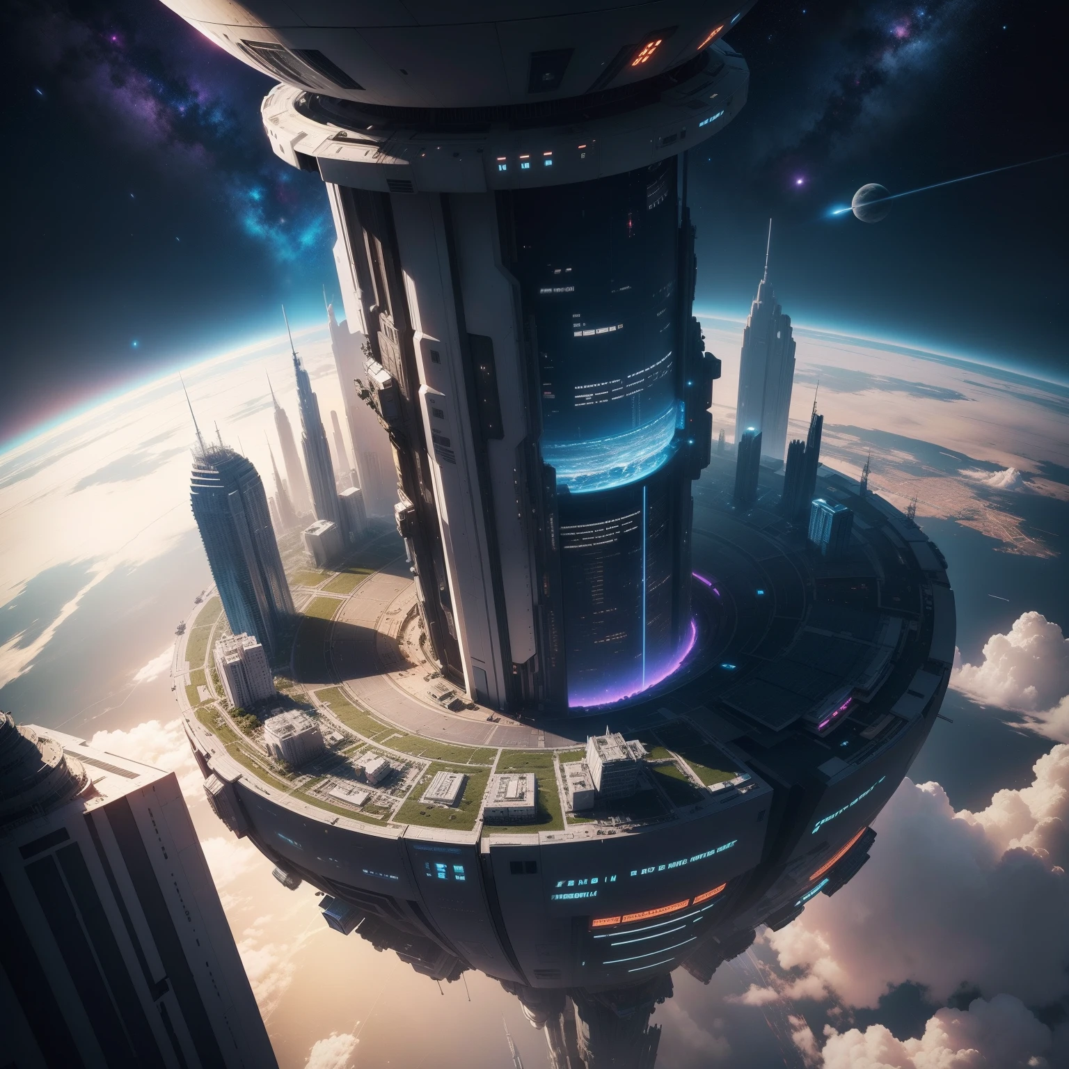 A space station A huge skyscraper stands planet earth futuristic cities Space City Huge construction cyberpunked top-quality masterpiece 超A high resolution dream SFart by Megacities