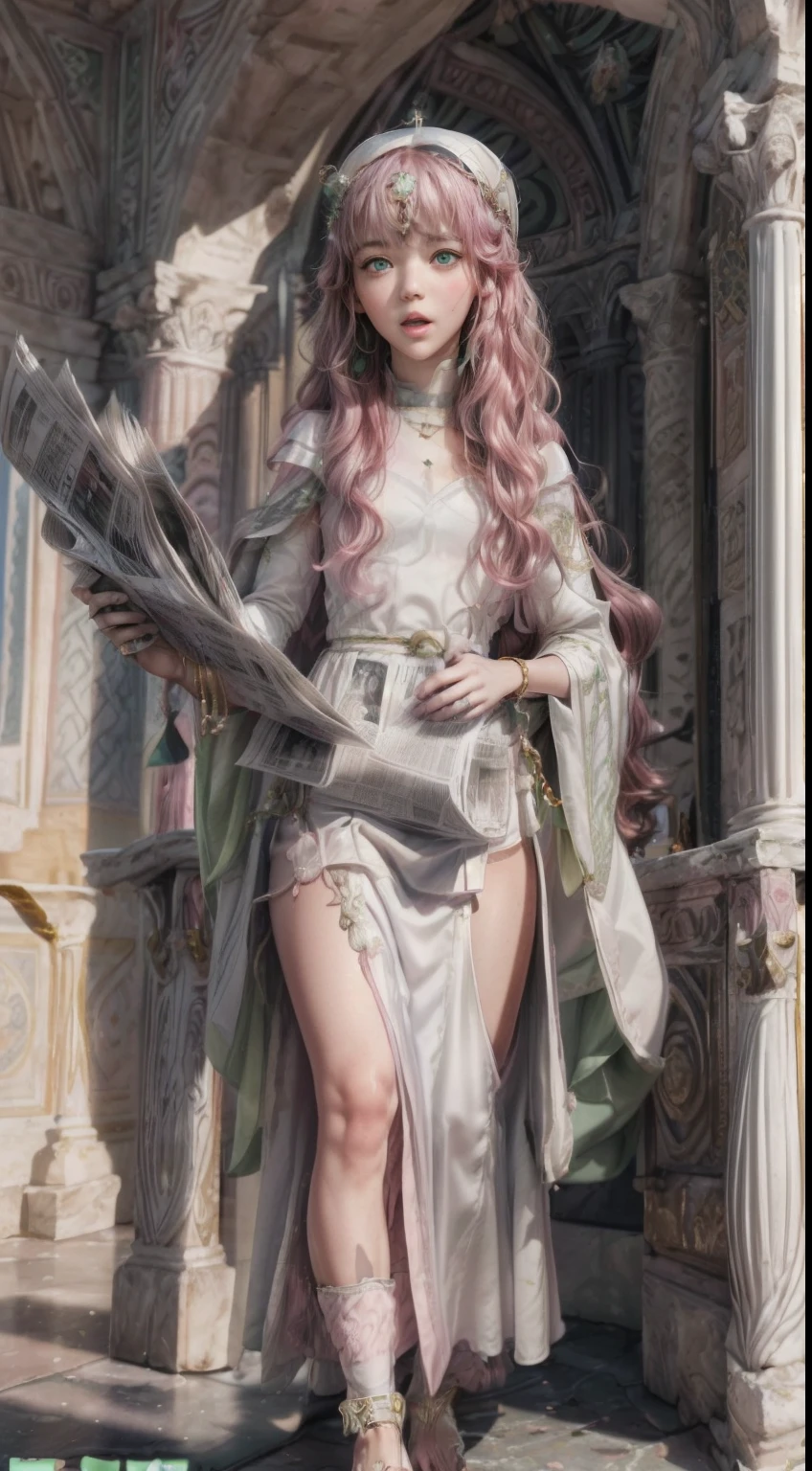 masterpiece, Highly detailed, super realistic, detailed background, bright Lighting, Daylight, beautiful face, beautiful eyes,
 medieval style, 4k, 8k, 1girl, solo, 
(14-years-old magical princess:1.2), (pretty face),(pink-wavy-hair and green-eyes:1.5),
wearing (White Archbishop's ceremonial long dress:1.5), (Golden bracelet), (tube top), (Necklace), (Jewelry), (slender:1.5),
 (small breasts), (pretty face), (****), (looking away),(Roman sandals:1.5),
(in the Royal Palace Living Room),(Standing up and reading the newspaper:1.5),
(surprised),(Open mouth),