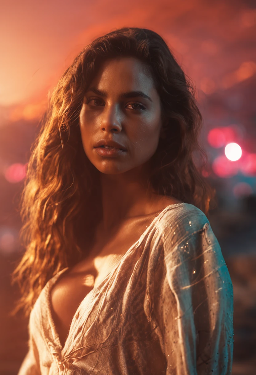 master part, Qualidade Superior, cinematic even, bonita sem camisa, floating into the sky, Close-up, radiante, alegre, Soft lighting and Warm, Sunset, (Sparks: 0.7)