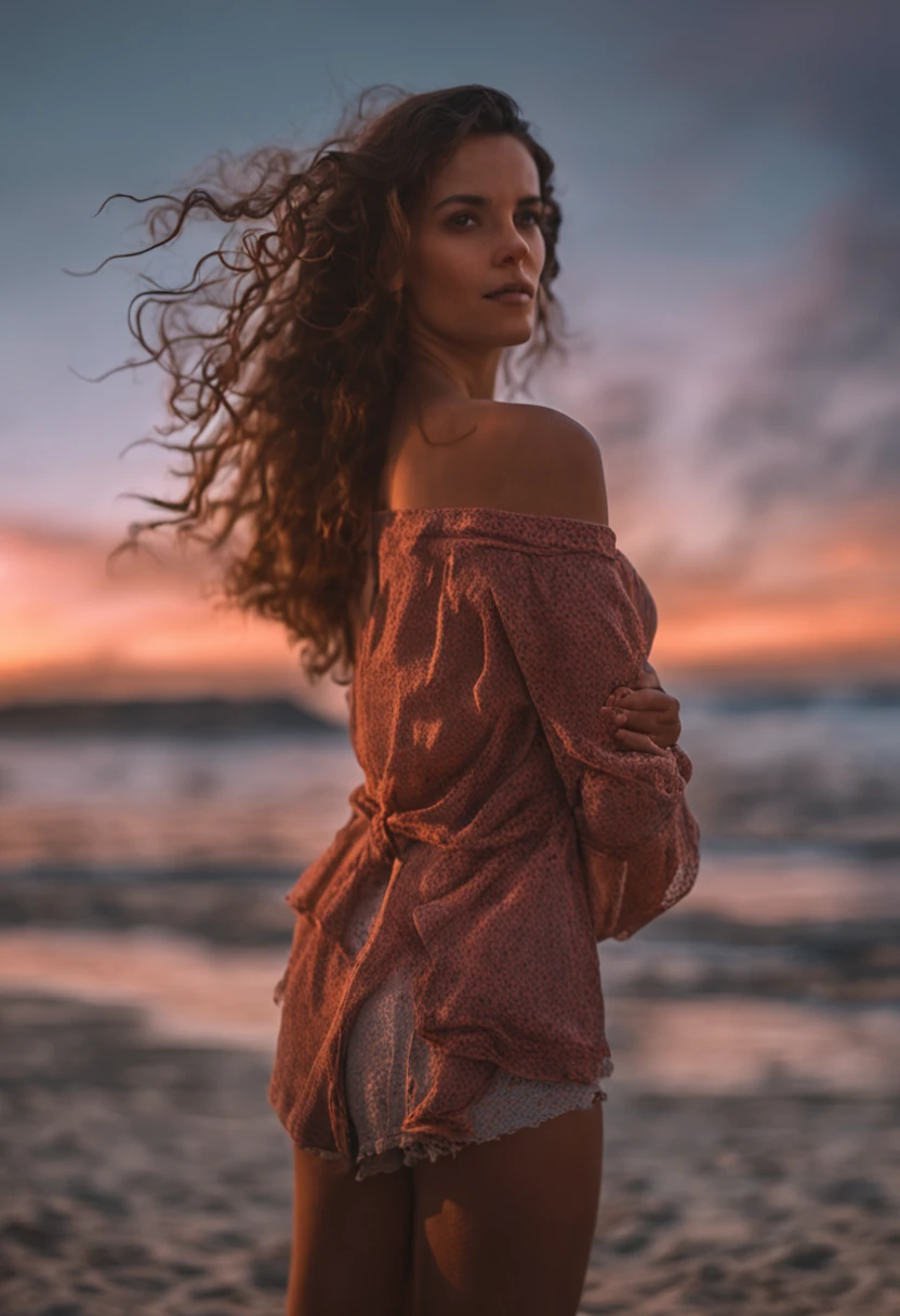 master part, Qualidade Superior, cinematic even, menina bonita sem camisa, floating into the sky, Close-up, radiante, alegre, Soft lighting and Warm, Sunset, (Sparks: 0.7)