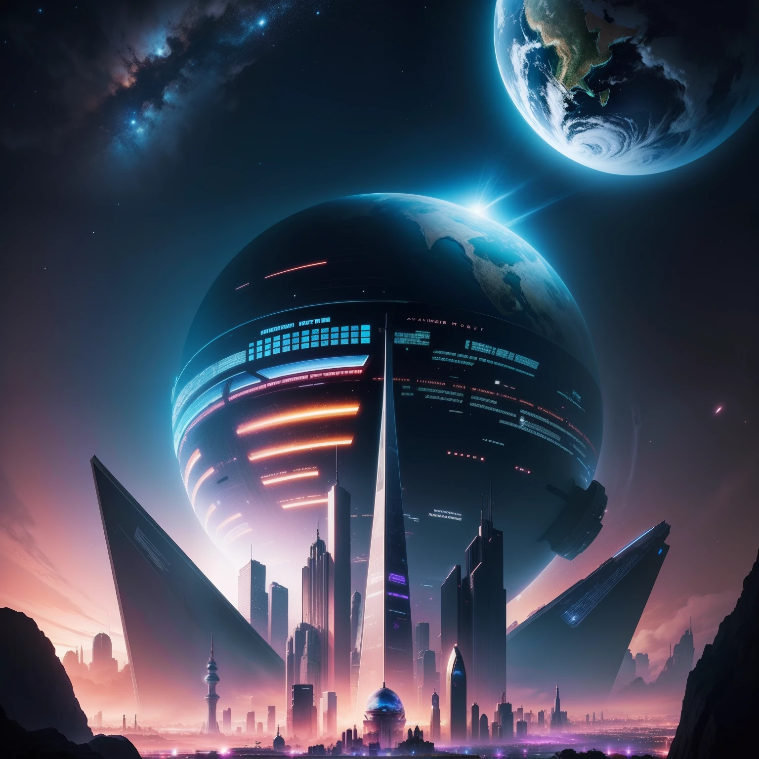 planet earth A space station Space City futuristic cities epcot SFArt Skyscrapers cyberpunked top-quality masterpiece dream 超A high resolution