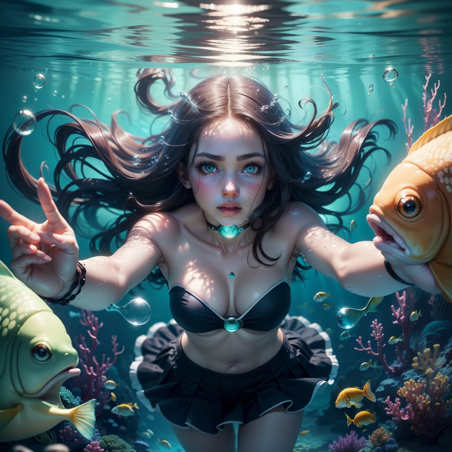 a woman with glowing eyes underwater with bubbles, 1girl, sozinho, underwater, nu, Olhando para o Viewer, ((underwater)), ((cercado por bolhas)), ((Fischldef, Fischlein, Fischlrnd)), (olhos verdes), (Tapa-olho), nua com os seios lindos